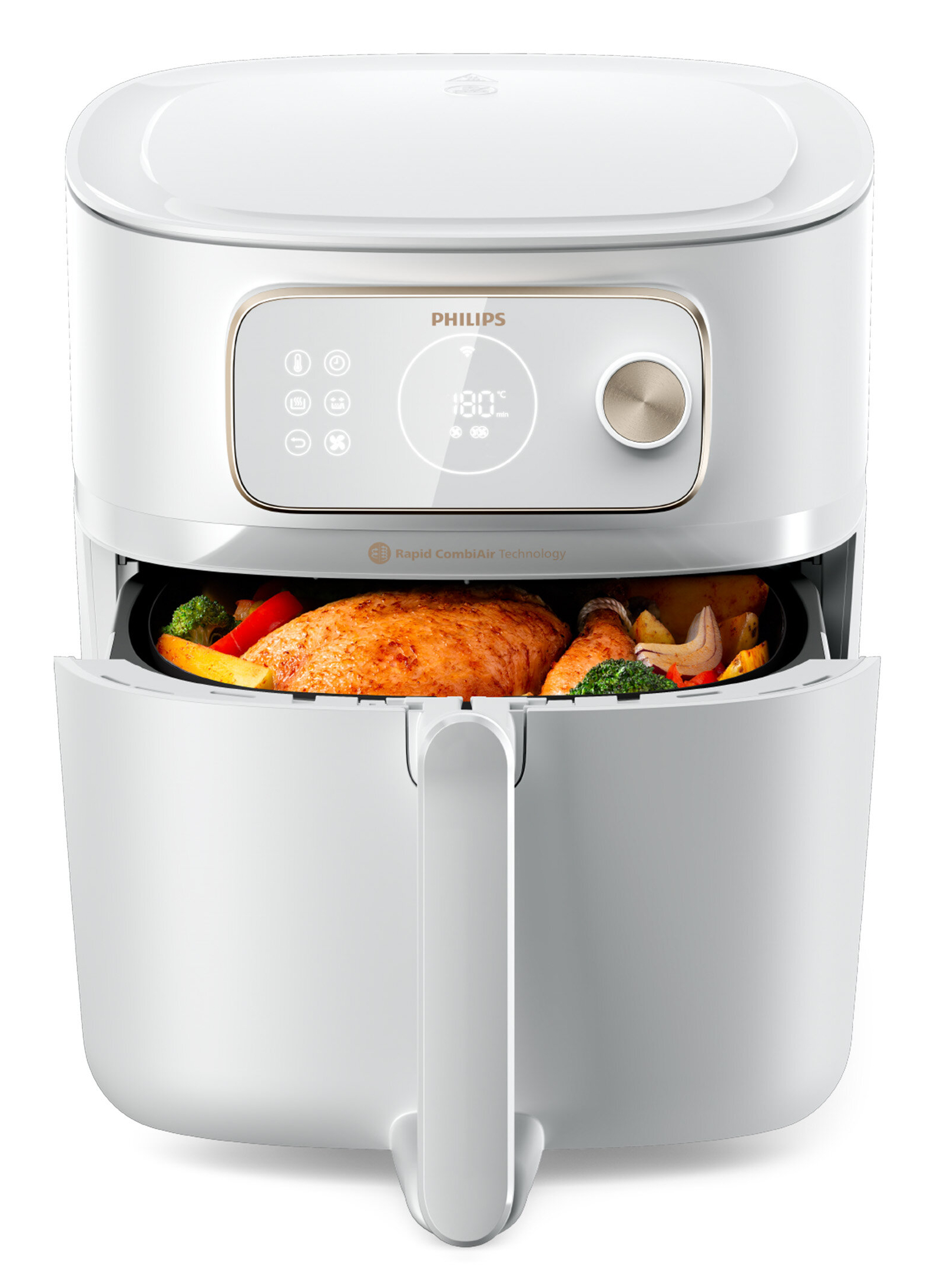 Biała frytkownica powietrzna z otwartą szufladą, pokazująca pieczonego kurczaka i warzywa. Widoczne elementy sterowania.