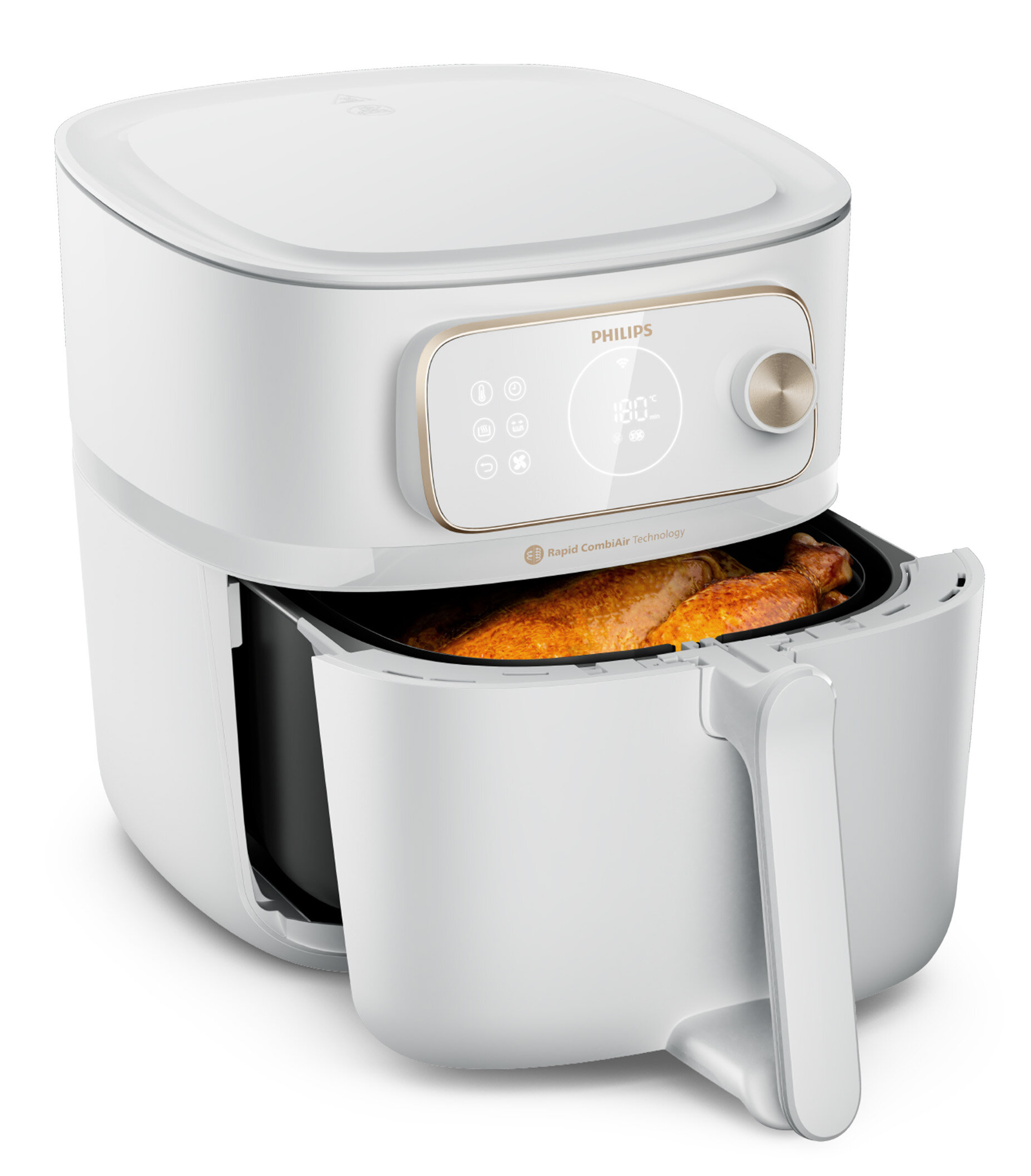 Biała frytkownica powietrzna z otwartym koszem, gotowany kurczak.