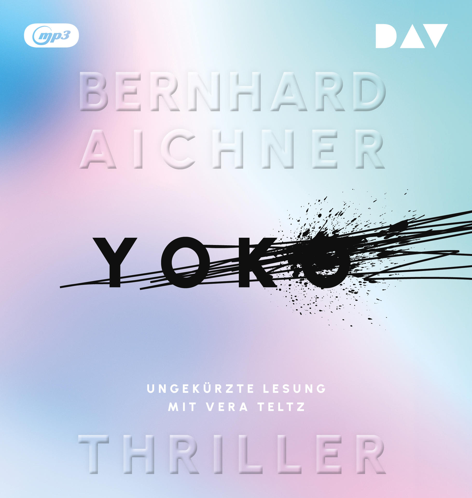 Hörbuchcover für 'Yoko' von Bernhard Aichner. Text auf weißem Farbverlauf mit schwarzen Akzenten.