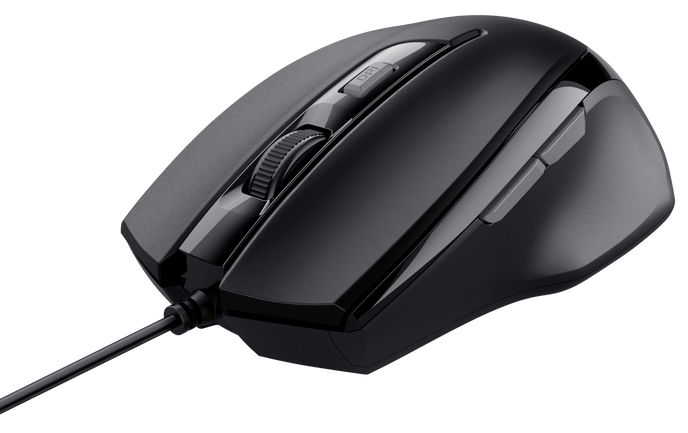 Fekete gamer egér DPI gombbal és görgővel, fekete háttéren.