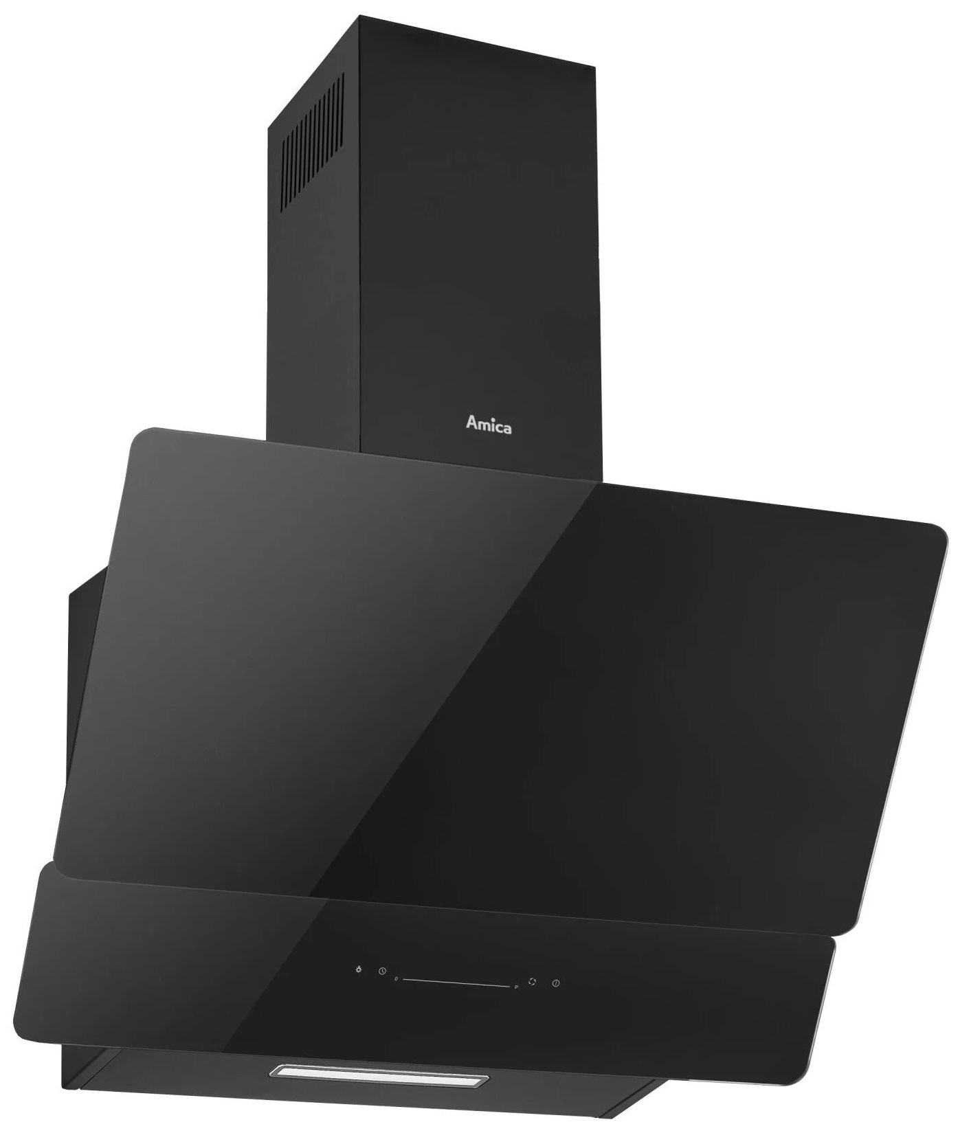 Czarny okap kuchenny z błyszczącym panelem przednim i przyciskami.