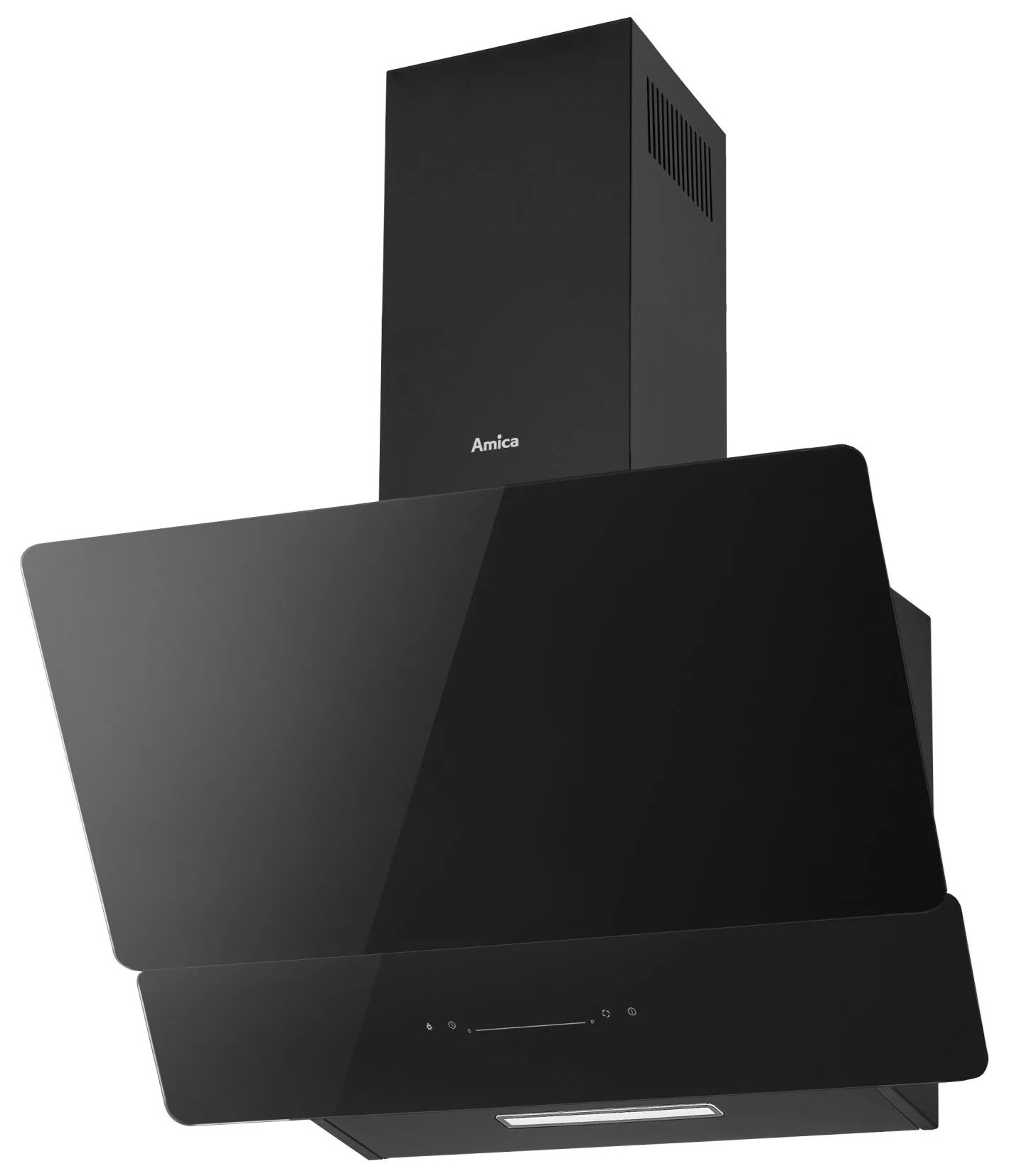 Czarny okap kuchenny ze szklanym frontem. Okap ma prostokątny kształt z marką „Amica”.