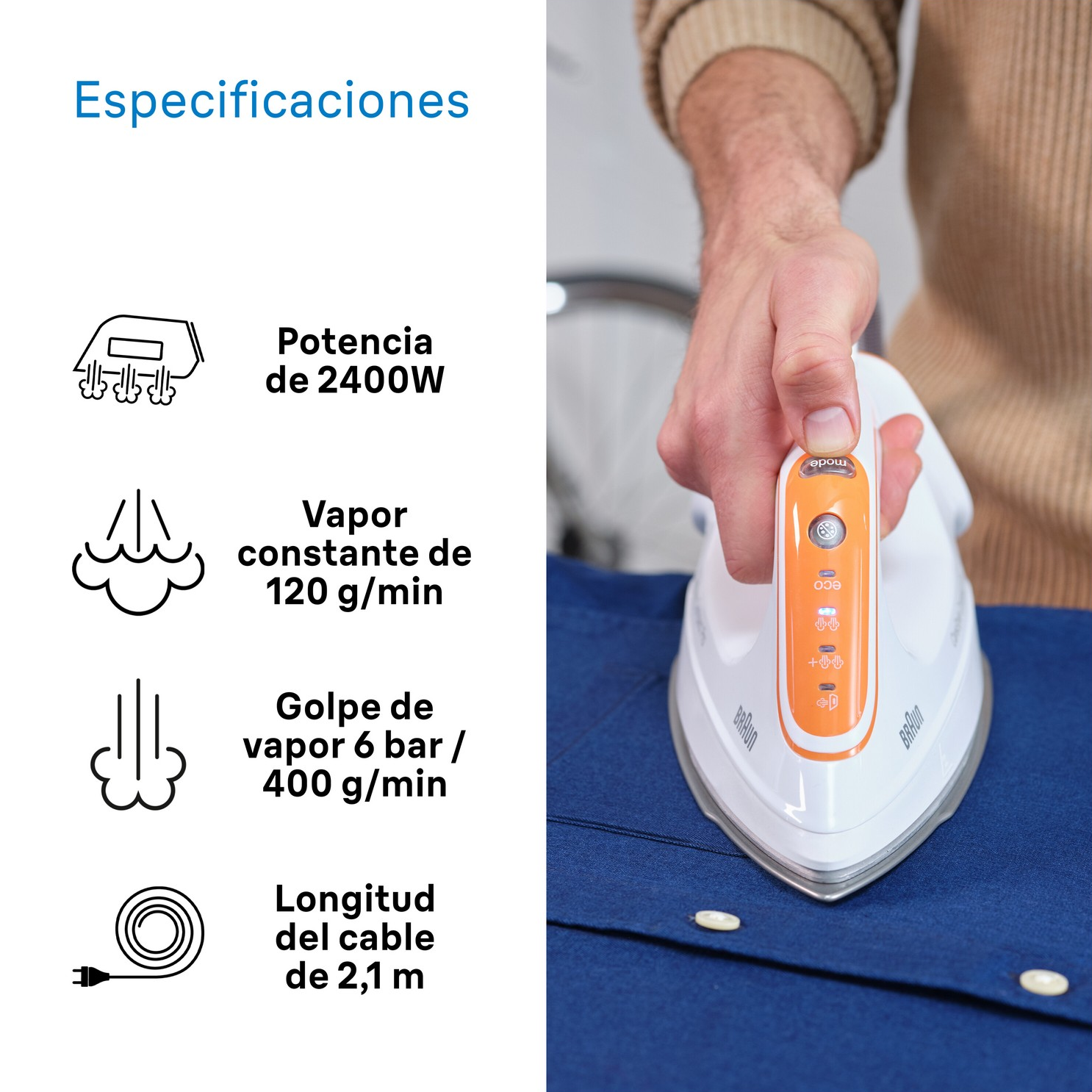 Una mano sosteniendo una plancha blanca y naranja con especificaciones: potencia, vapor y longitud del cable.