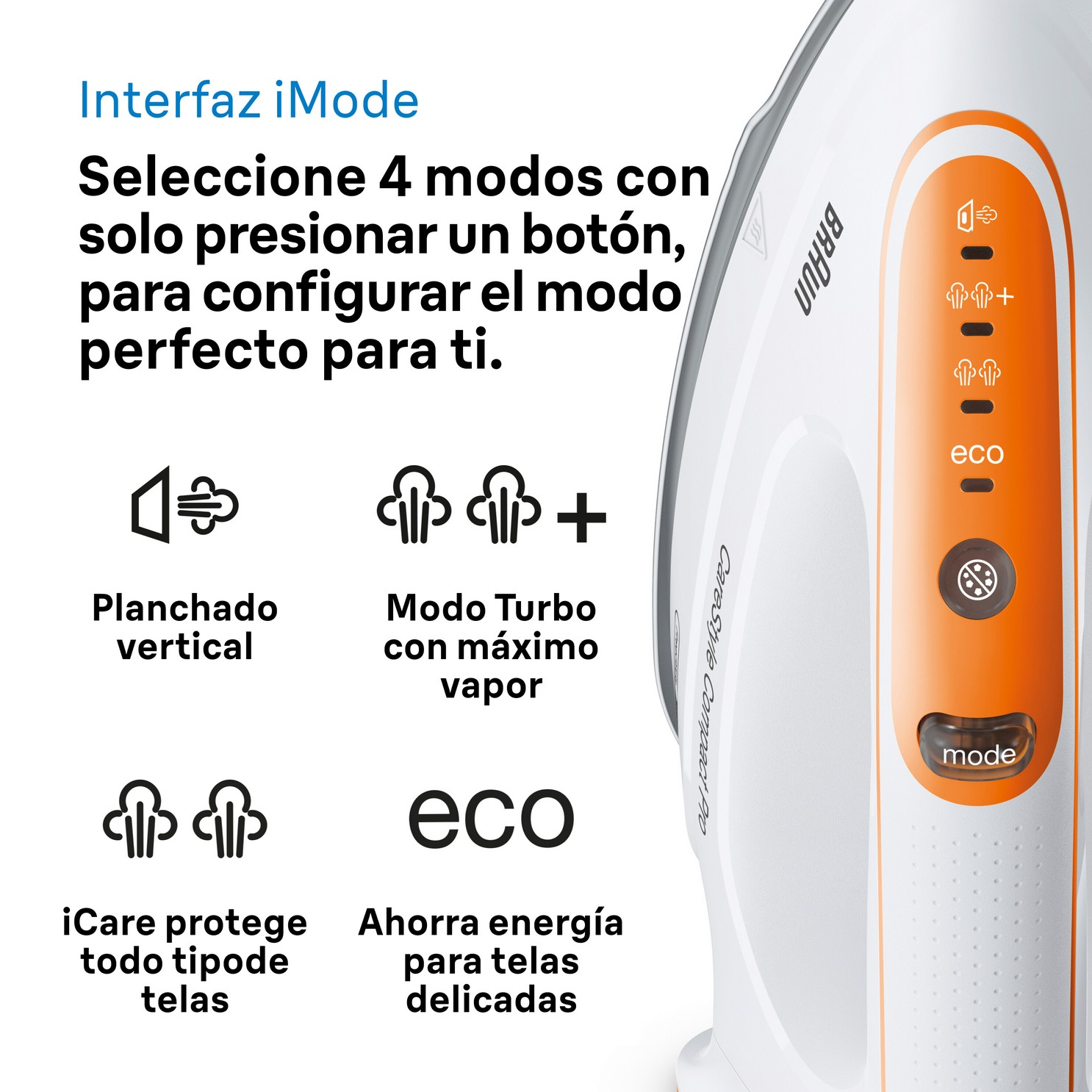 Una plancha con botones naranjas y una interfaz con 4 modos para diferentes tejidos.