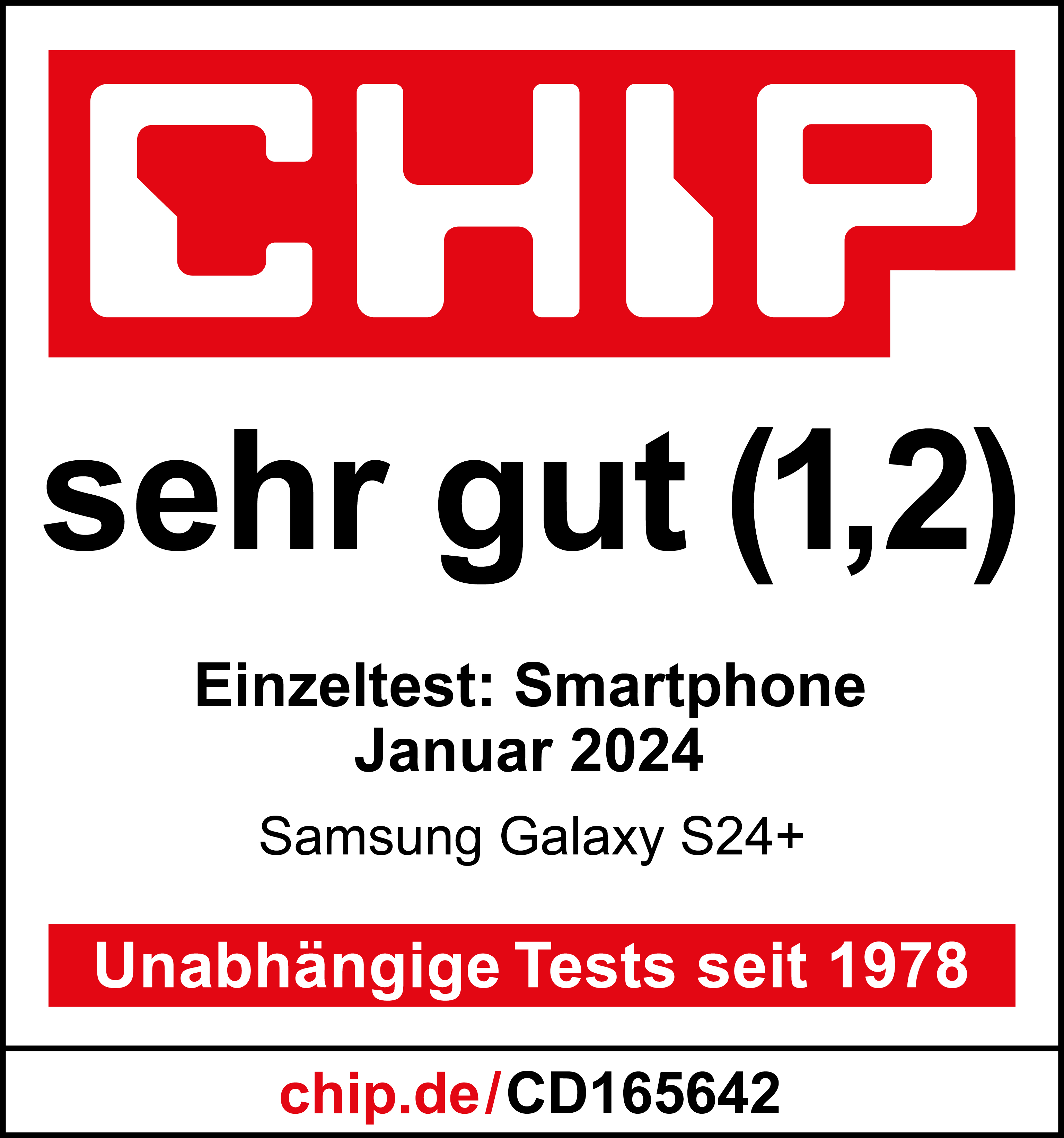 CHIP Magazin Cover, Text auf Deutsch, Bewertung 1,2, Samsung Galaxy S24+.