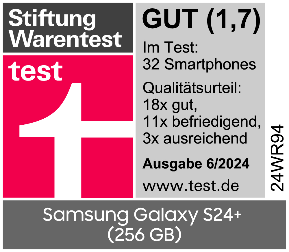 Eine Bewertung mit der Note 'GUT' für 32 Smartphones. Es zeigt Testergebnisse und ein Samsung Galaxy S24+.