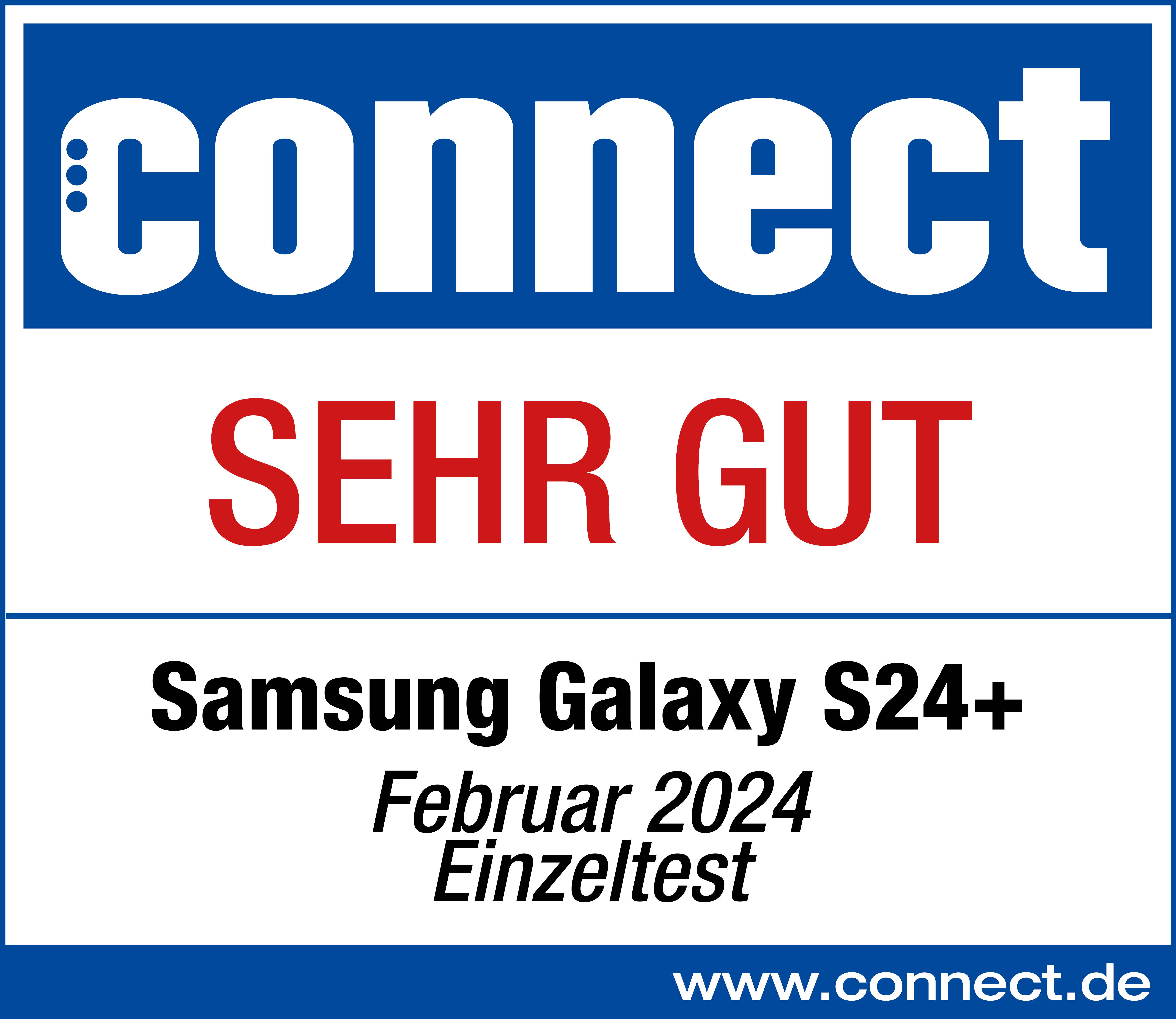 Connect-Magazin-Rezension. Text lautet 'SEHR GUT' und 'Samsung Galaxy S24+'.