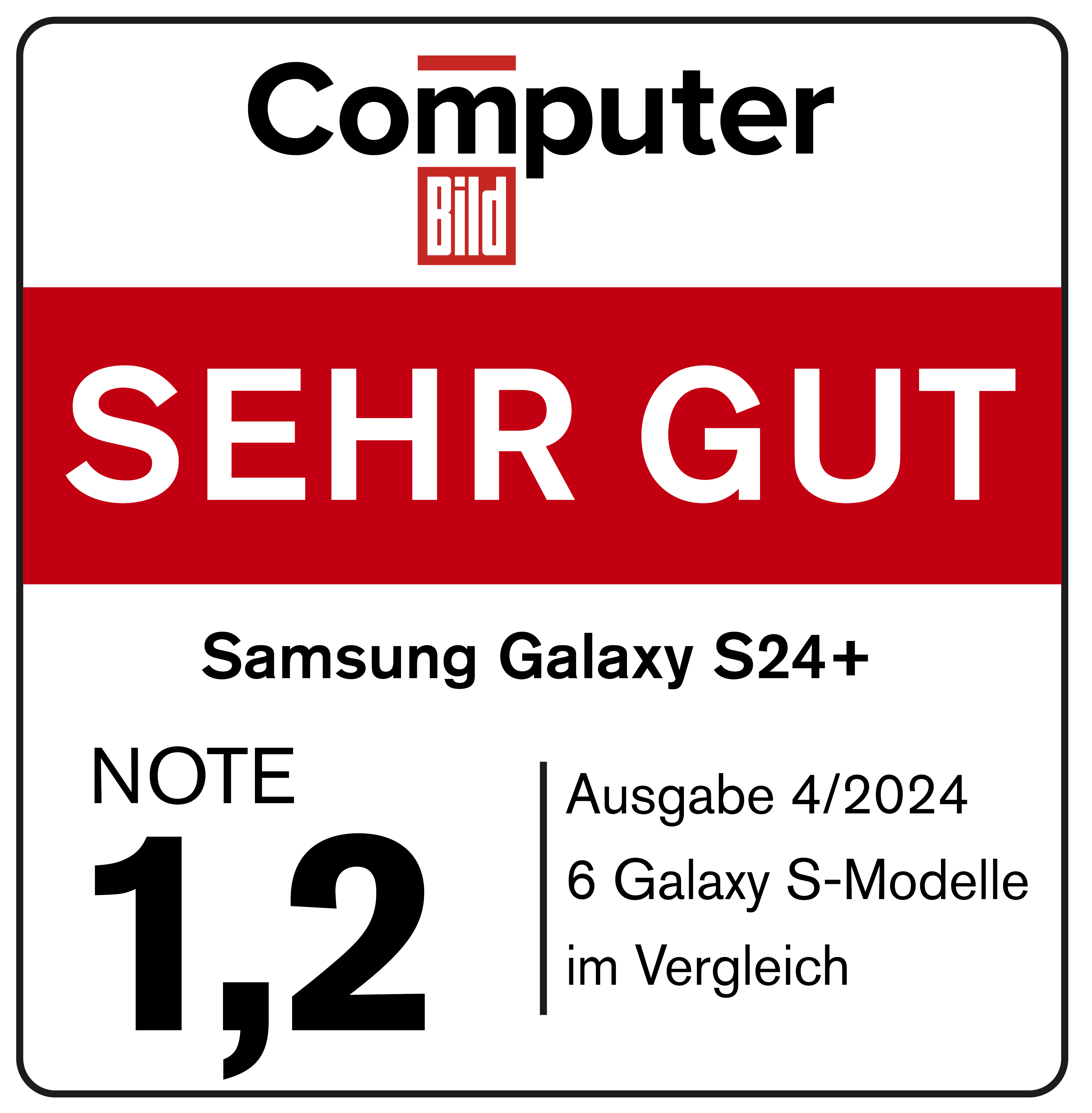 Bewertung des Samsung Galaxy S24+, mit einer Bewertung von 1,2 und dem Wort 'SEHR GUT'.