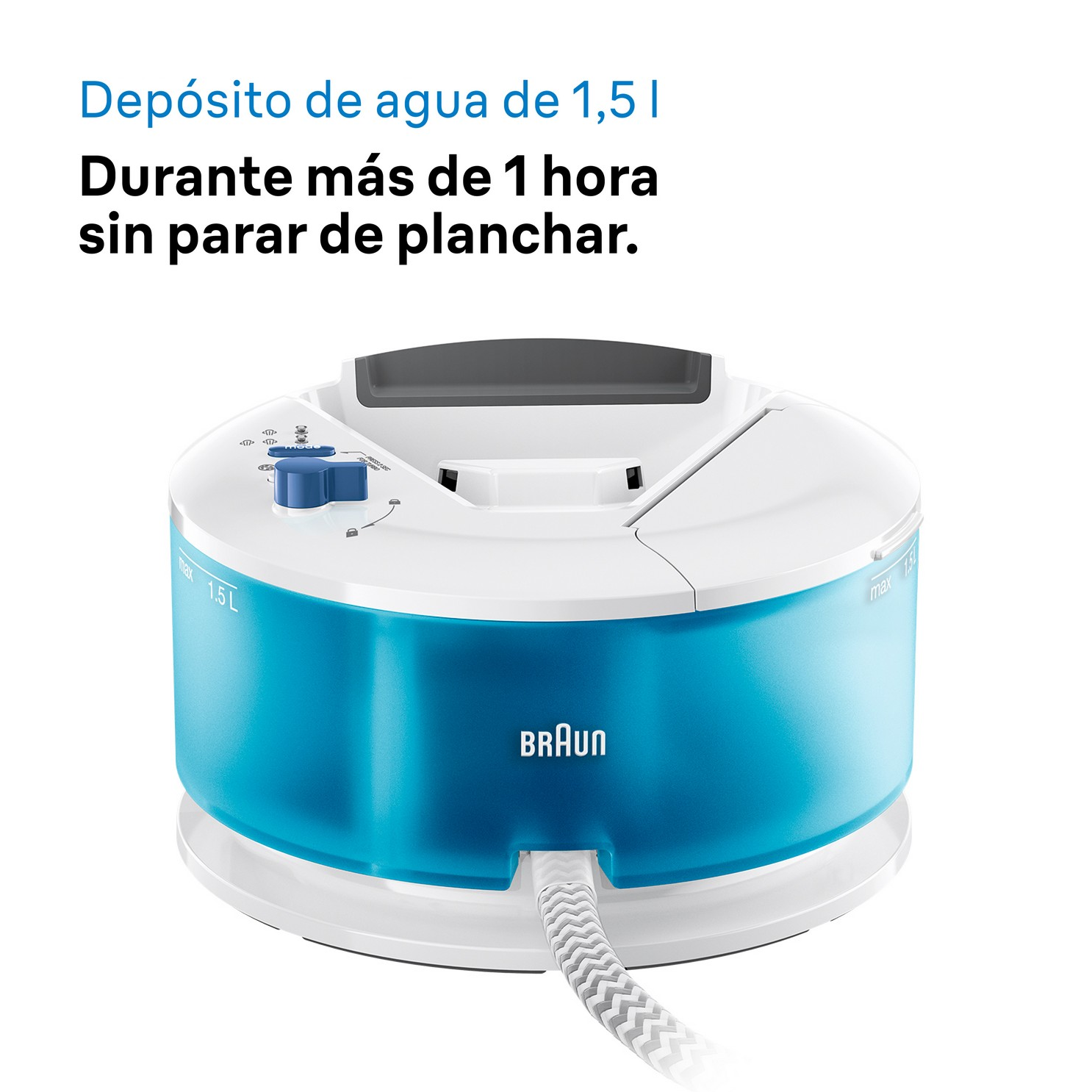 Tanque de agua Braun blanco y azul para plancha. Texto: 1.5L, planchar más de 1 hora.