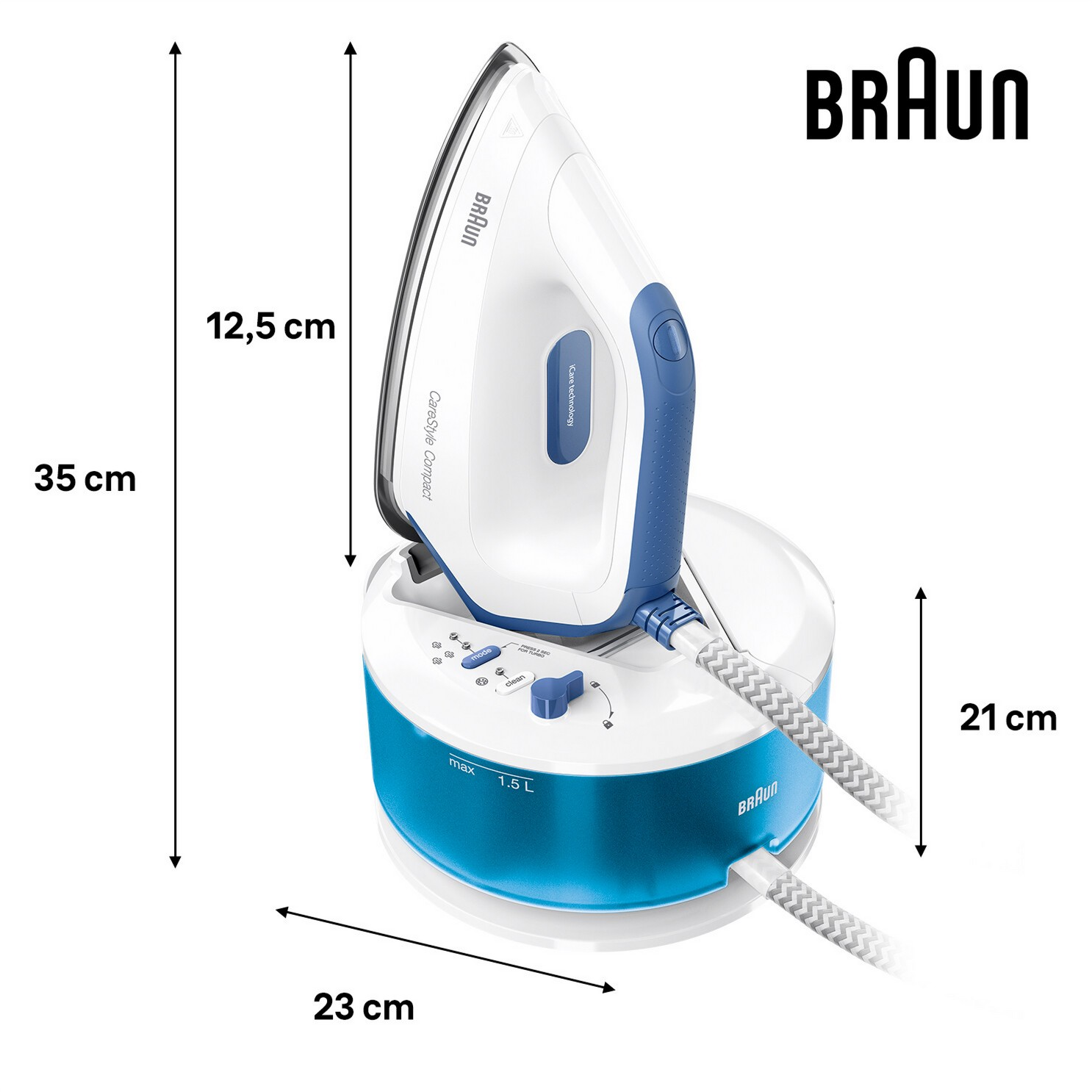 Una plancha Braun blanca y azul con dimensiones indicadas, junto a su estación de carga.