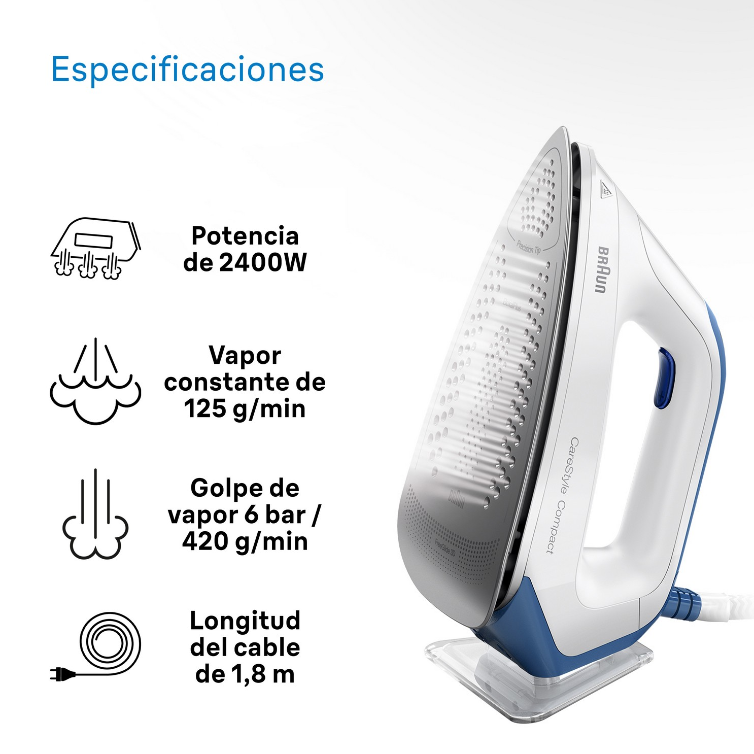 Plancha blanca y azul con especificaciones; 2400W, 125g/min, 6 bar/420 g/min y cable de 1,8m.
