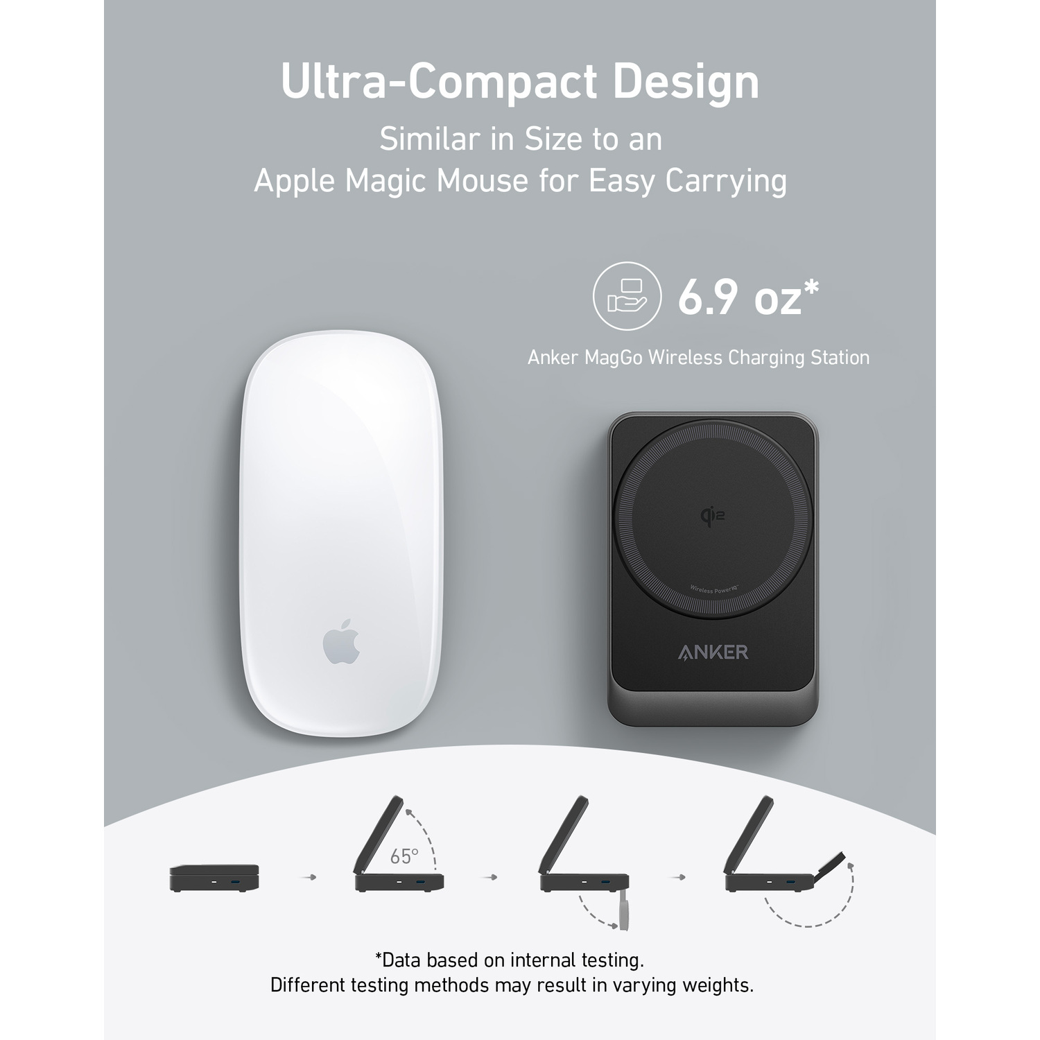 Witte Apple Magic Mouse naast een zwart Anker-oplaadstation. Grijze achtergrond.