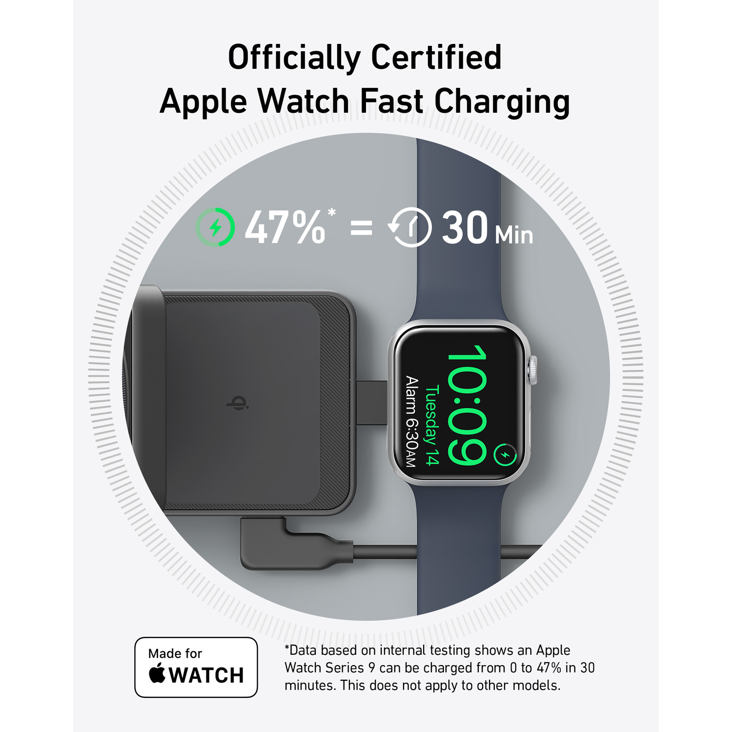 Apple Watch op oplader. 47% opgeladen in 30 minuten. Donkergrijze oplader en blauwe horlogeband.
