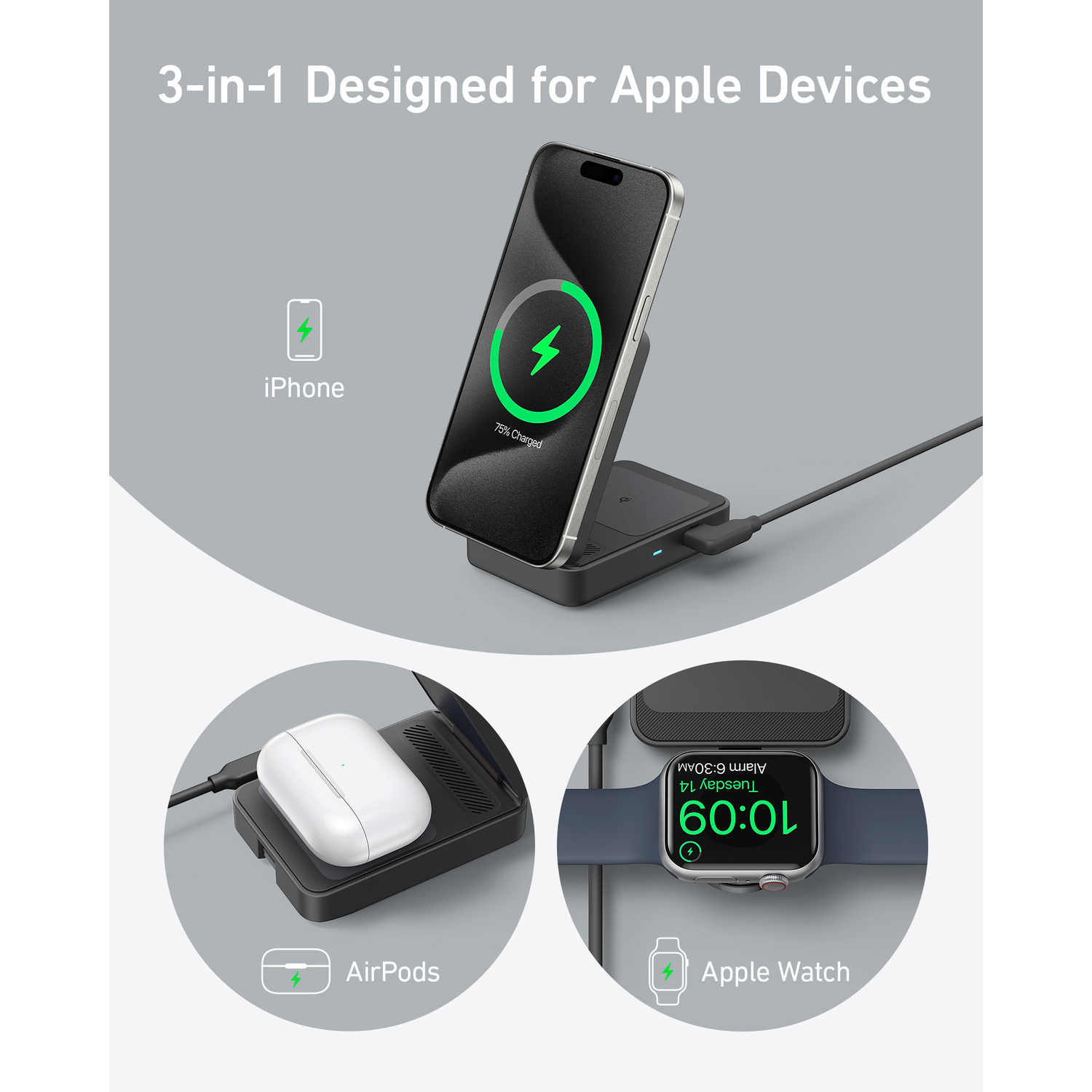 Een 3-in-1 oplaadstation voor Apple-apparaten: iPhone opladen, AirPods en Apple Watch.