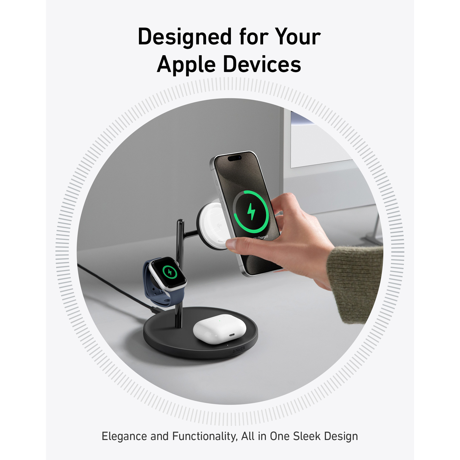 Een Apple-oplaadstation met een telefoon, horloge en oordopjes. De tekst luidt 'Designed for Your Apple Devices'.