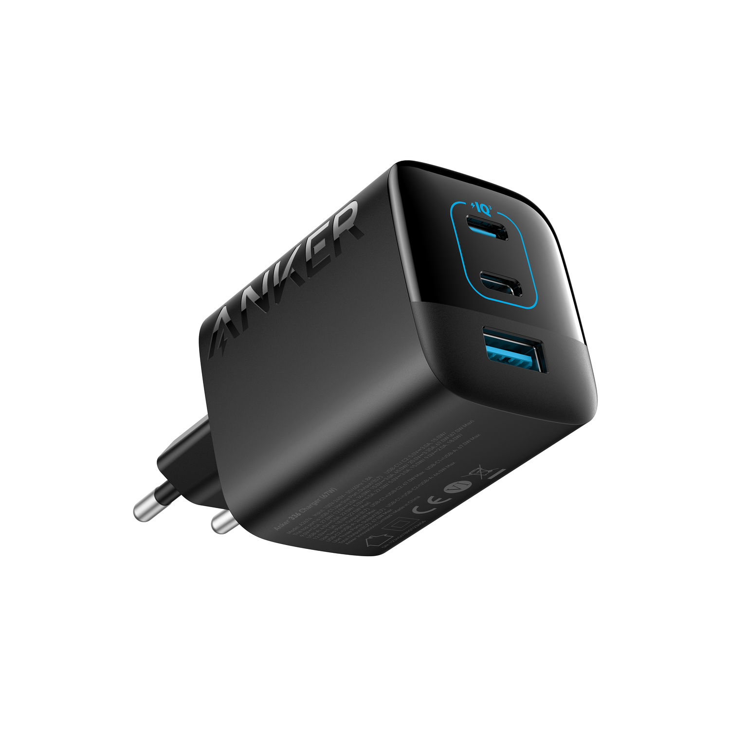 Black Anker charger with two USB-C ports and a USB port. It has prongs for plugging in.