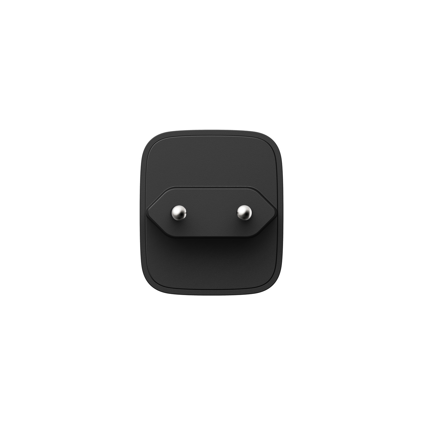 Black power adapter. The prongs are visible. The adapter is square shaped.