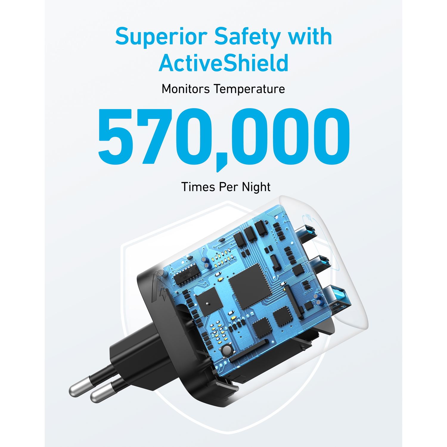 An Anker charger, with a circuit board visible through a transparent case, and text about safety.