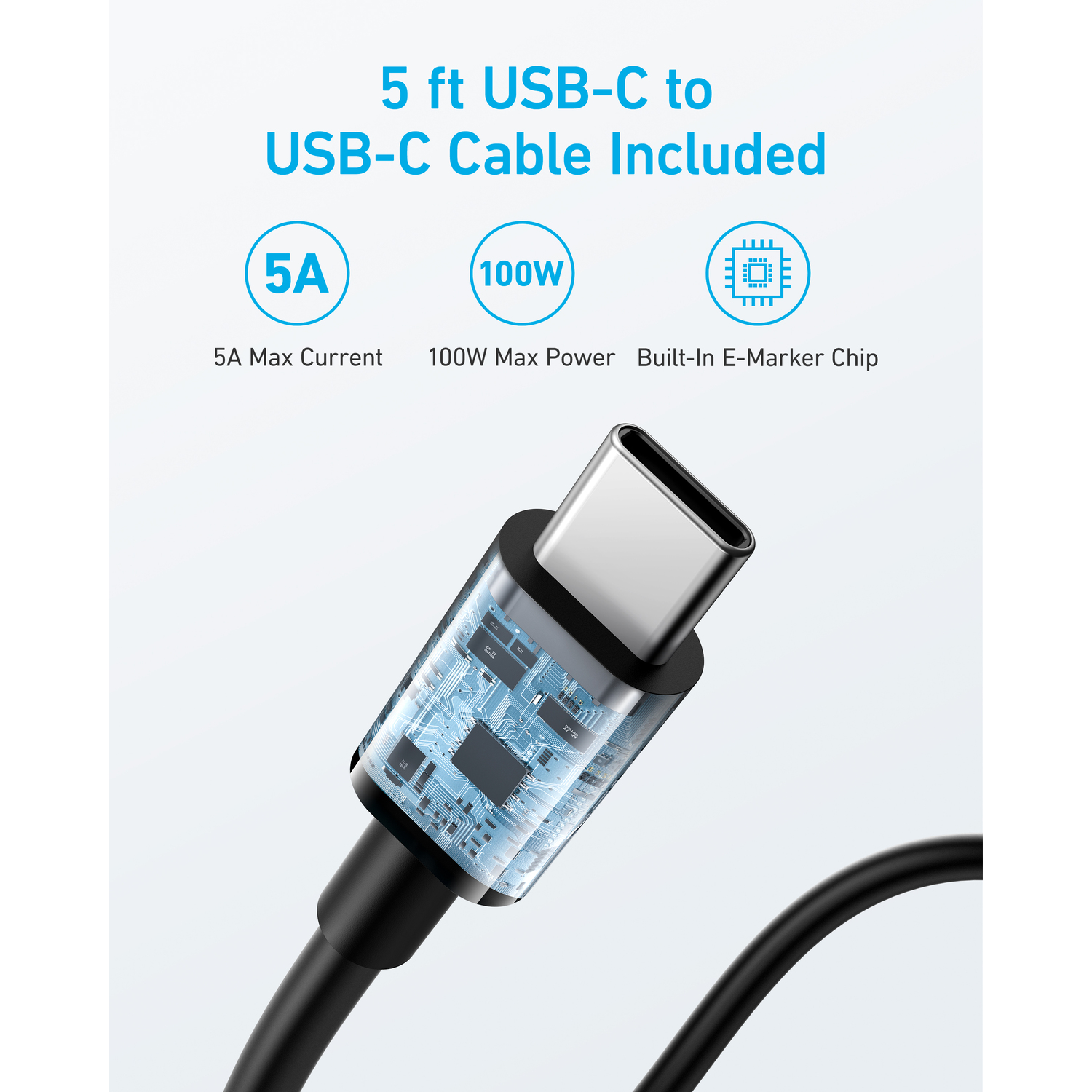 Black USB-C cable. Text says 5 ft USB-C to USB-C cable. The cable has a transparent end.