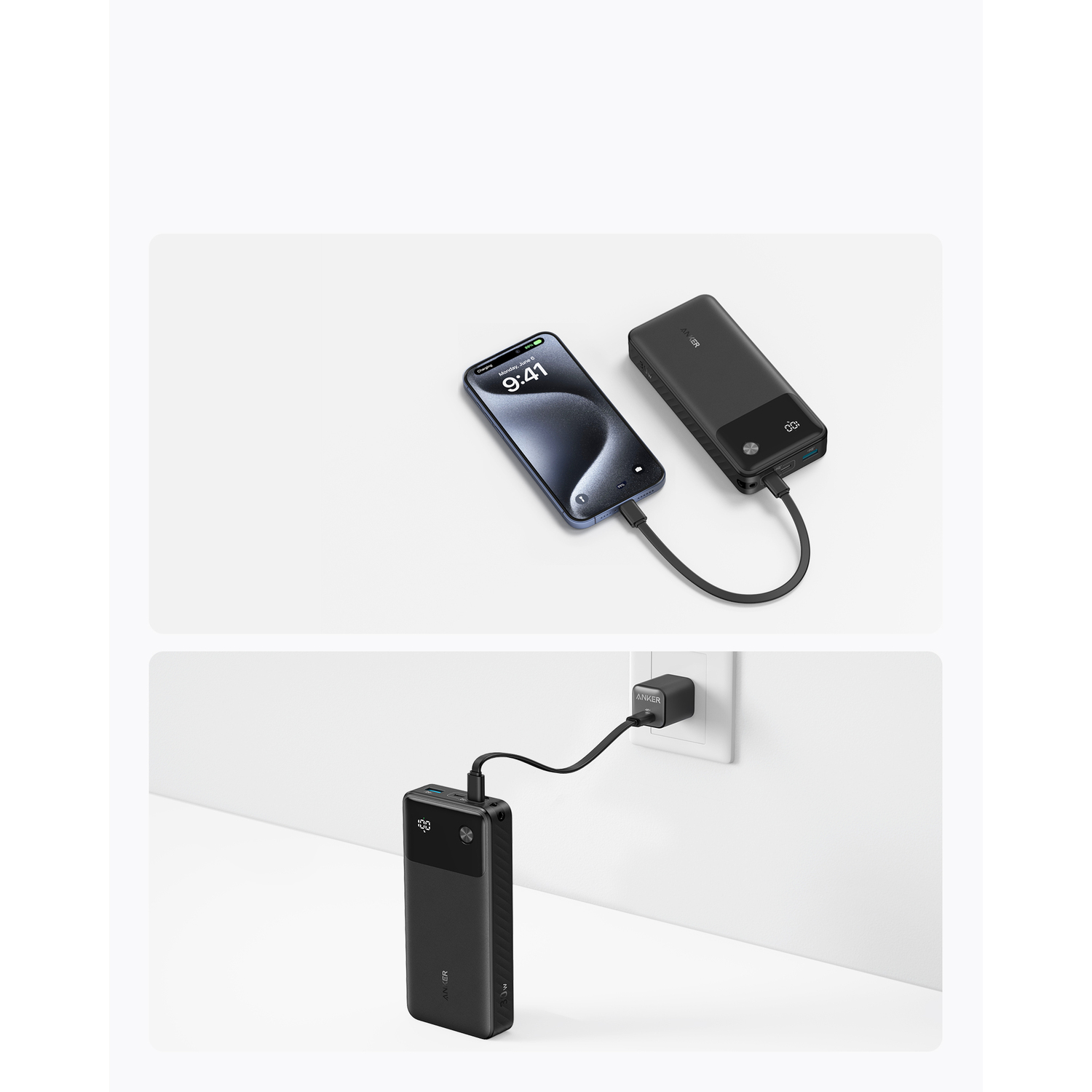 Two black power banks with a phone charging. One power bank charging in a wall outlet.
