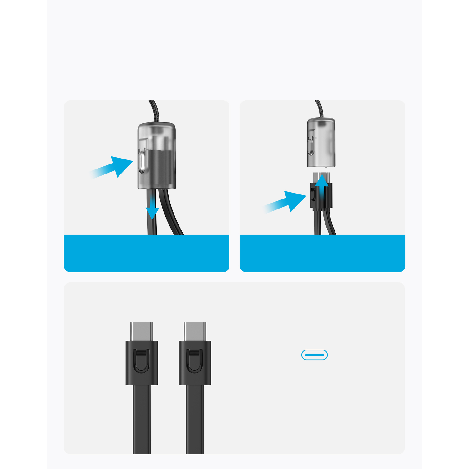 Diagram of a cable and its connector being assembled. USB-C connectors are shown at the bottom.