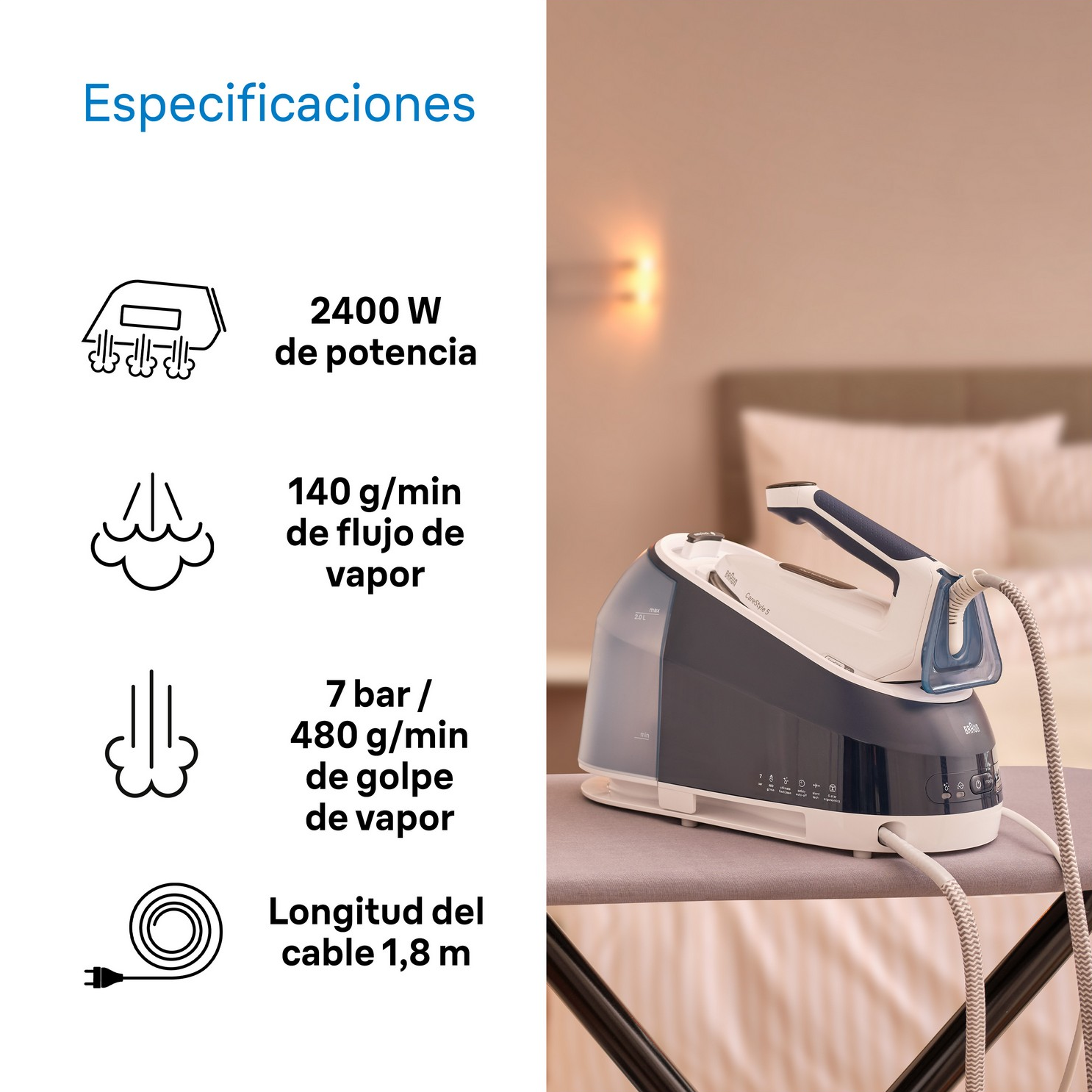 Plancha, con especificaciones, en tabla de planchar.