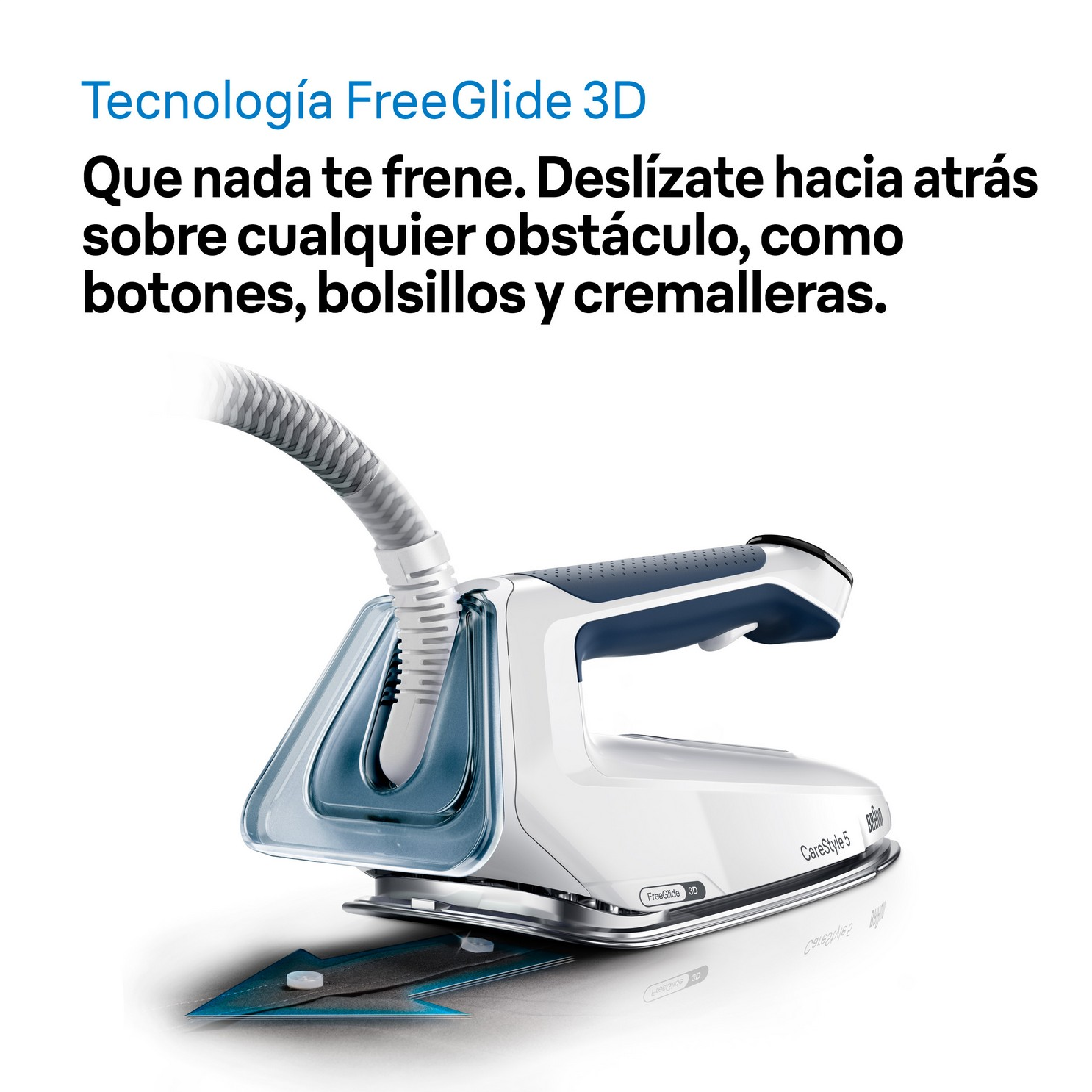 Plancha blanca y azul con la manguera de vapor. El fondo es blanco.