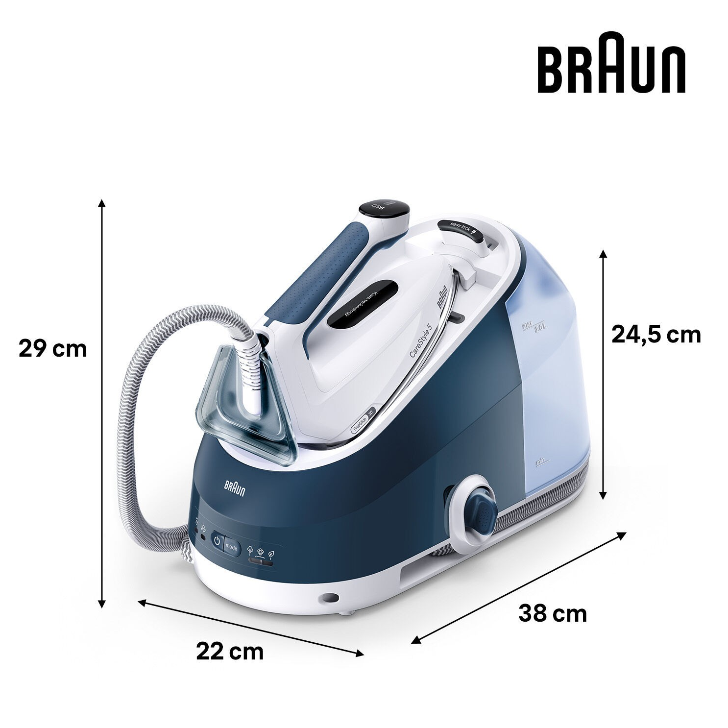 Una plancha de vapor Braun con dimensiones: 29cm de altura, 22cm de ancho y 38cm de largo.