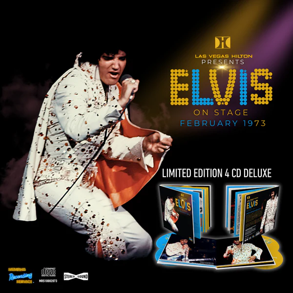Elvis 1973-ban a színpadon, mikrofonba énekel. Jobbra az album borítója.