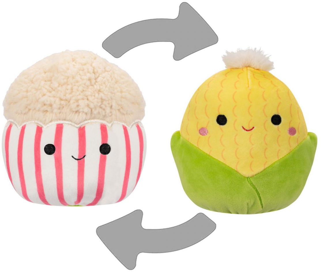 JAZWARES Kifordítható 2in1 Squishmallows Conrad, a kukorica és Arnel, popcorn, 13 cm (SQFP00133)