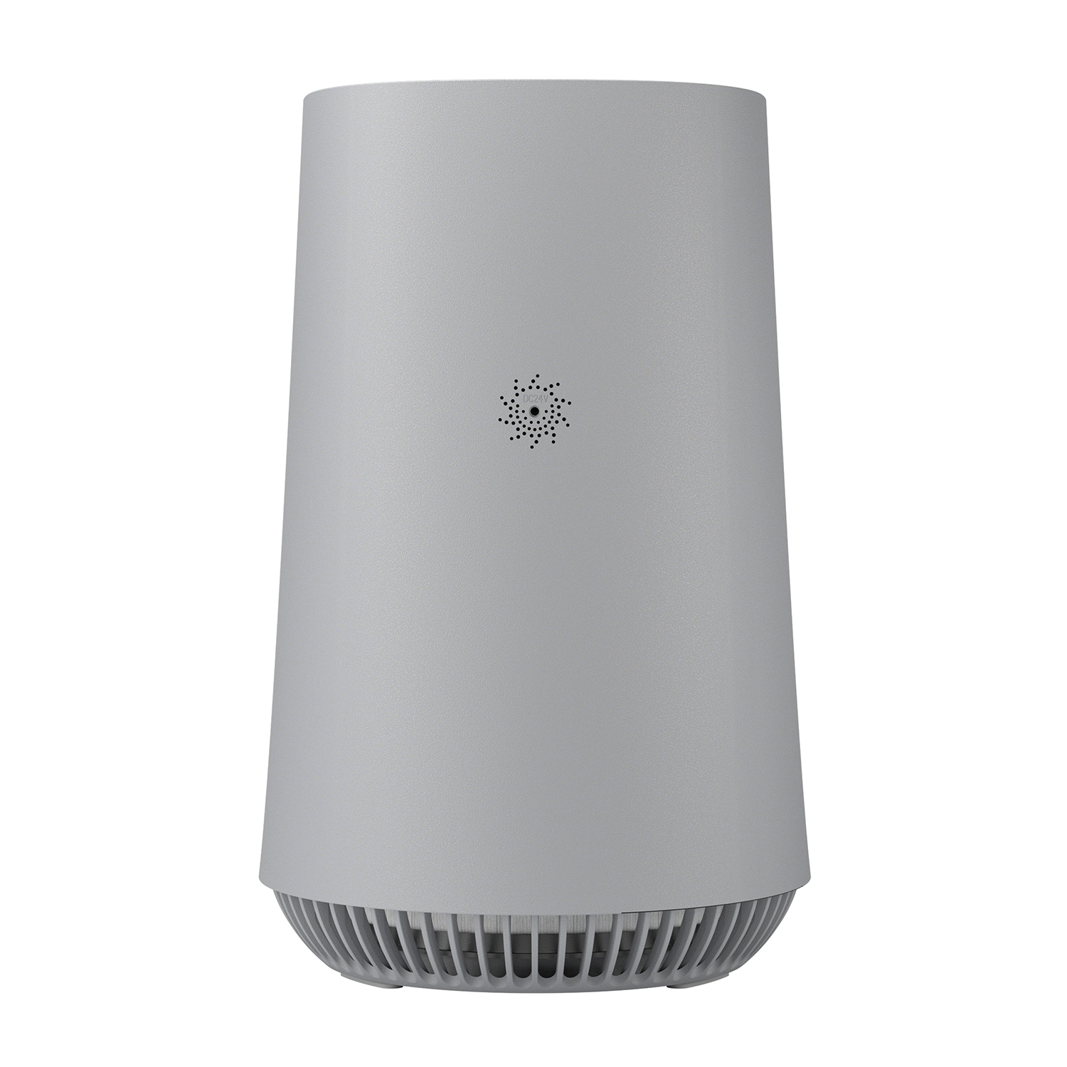 Un purificatore d'aria cilindrico grigio chiaro con parte superiore perforata e base scanalata. È un apparecchio moderno ed elegante.