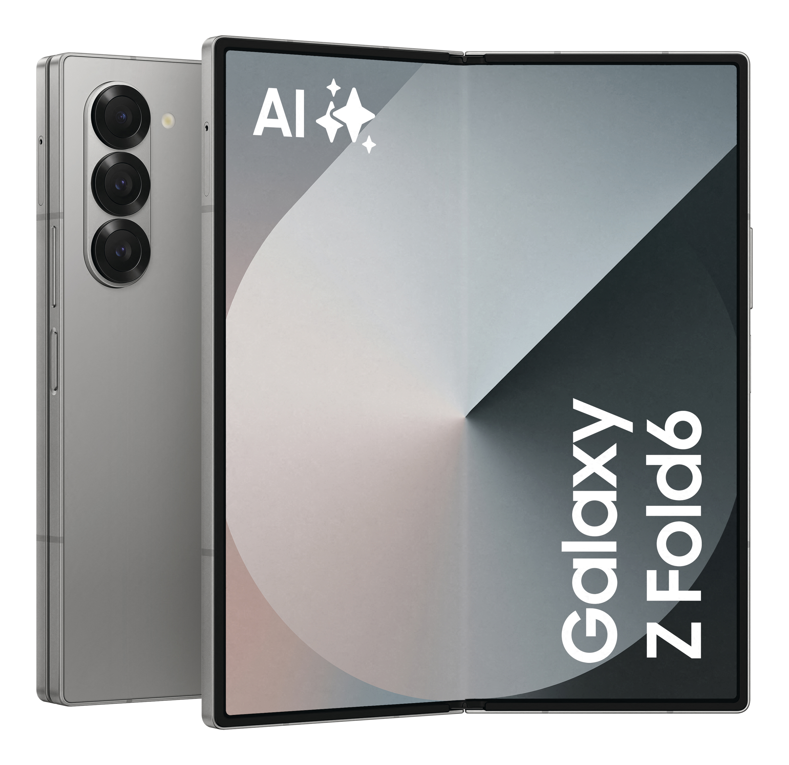 Un telefono argento Samsung Galaxy Z Fold6, aperto e chiuso. Lo schermo aperto mostra una sfumatura grigia e nera.