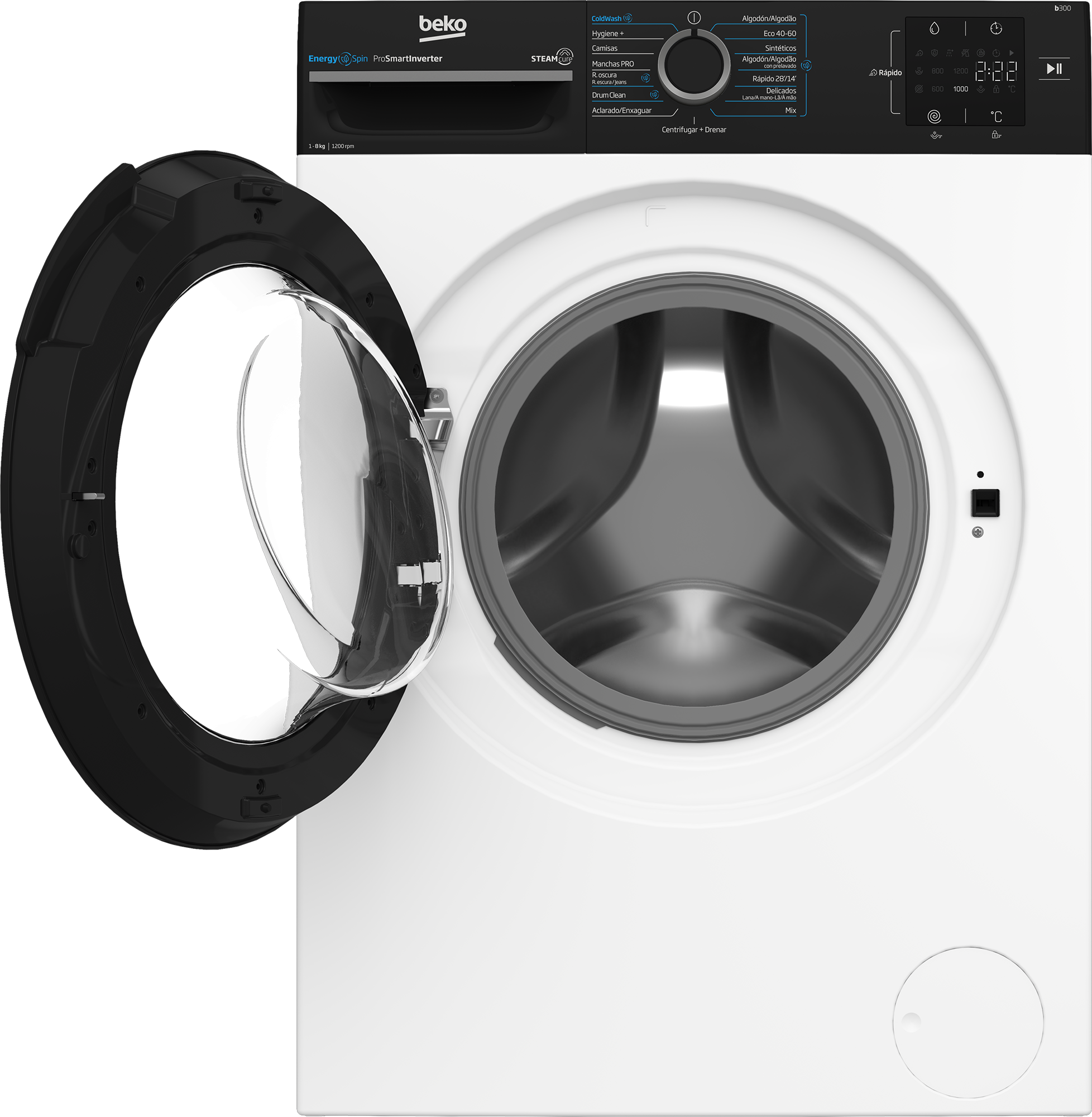 Una lavadora Beko blanca con la puerta abierta. El panel de control es negro. Se ve el tambor.