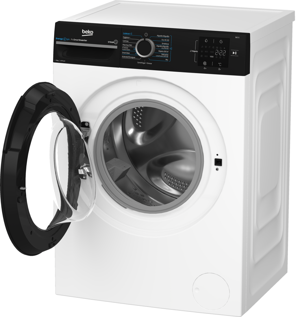 Lavadora Beko blanca con puerta abierta. Panel de control negro. Tambor visible dentro.