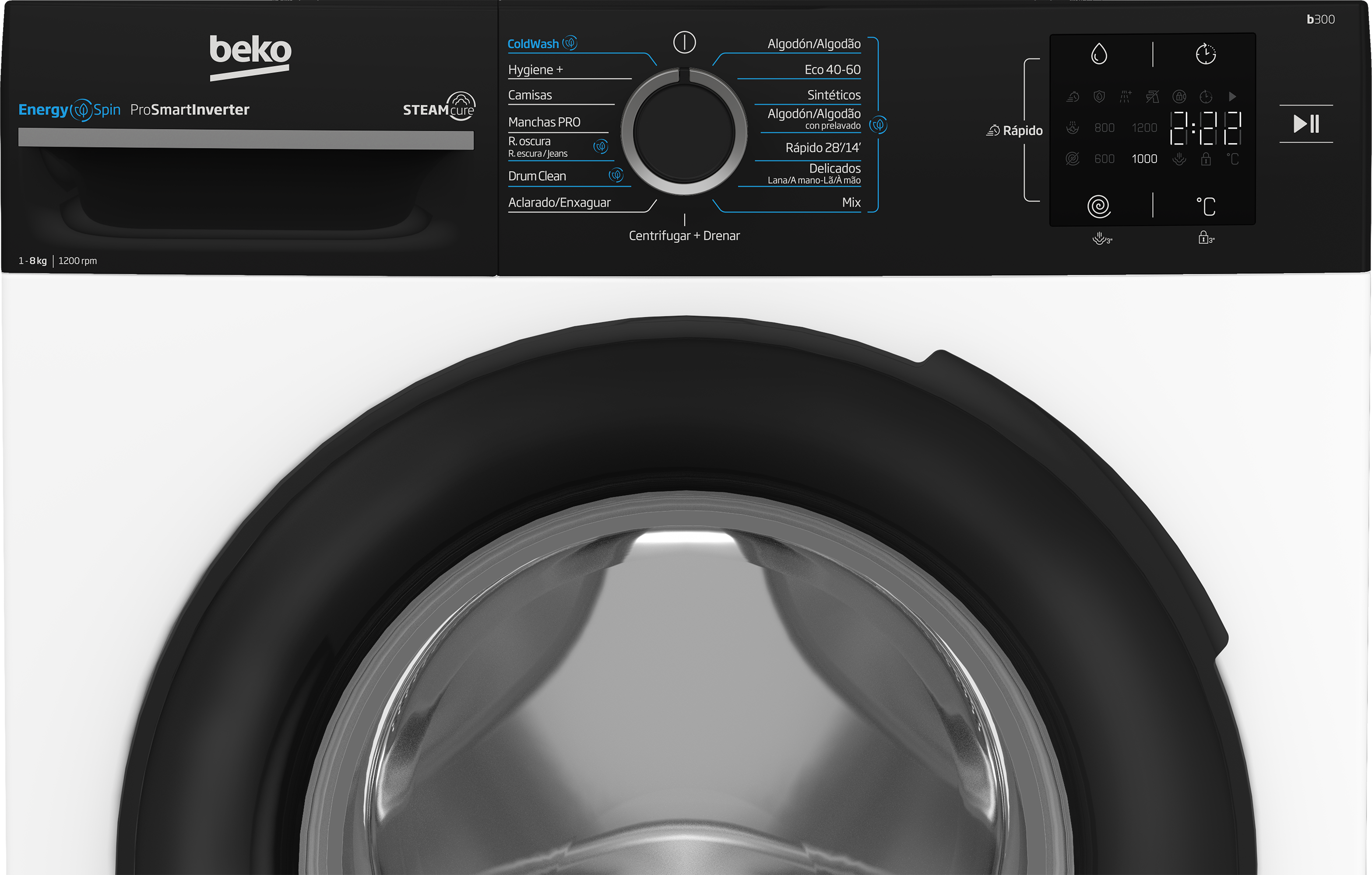 Primer plano del panel de control de una lavadora Beko. La pantalla muestra el progreso del ciclo de lavado.