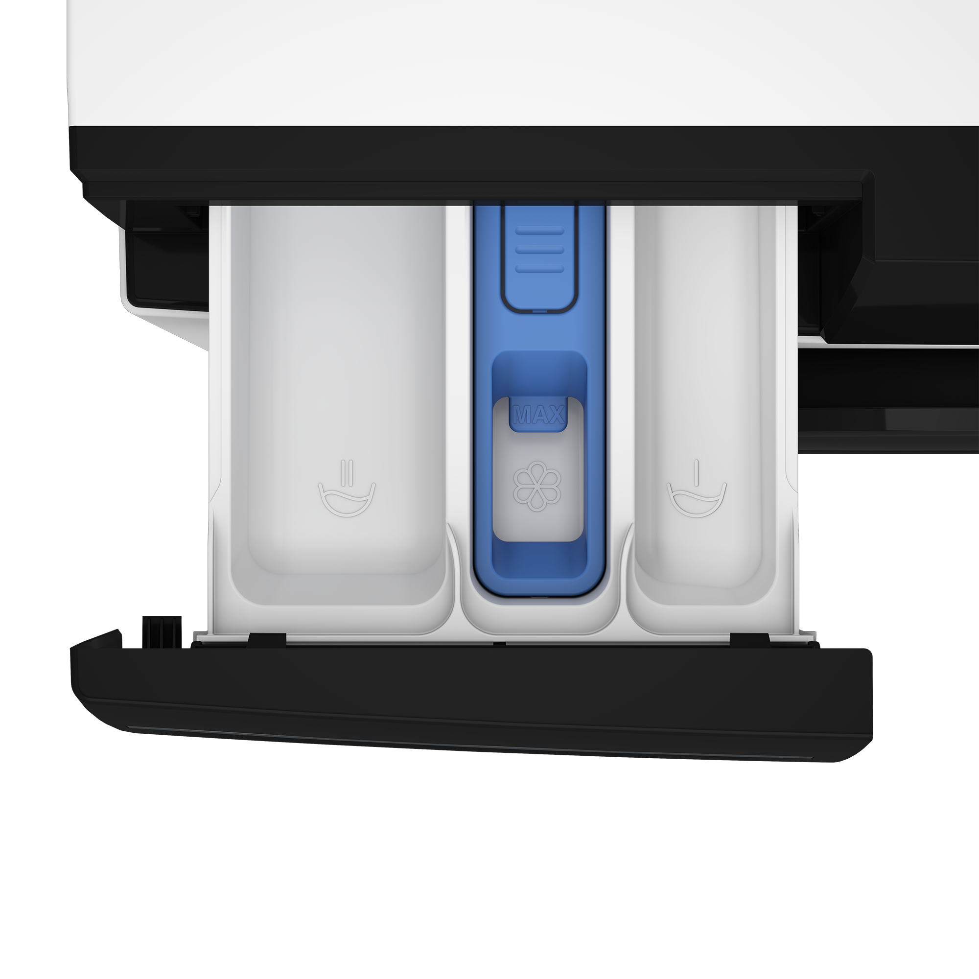 Cajón de detergente de una lavadora. Tres compartimentos con colores azul y blanco.