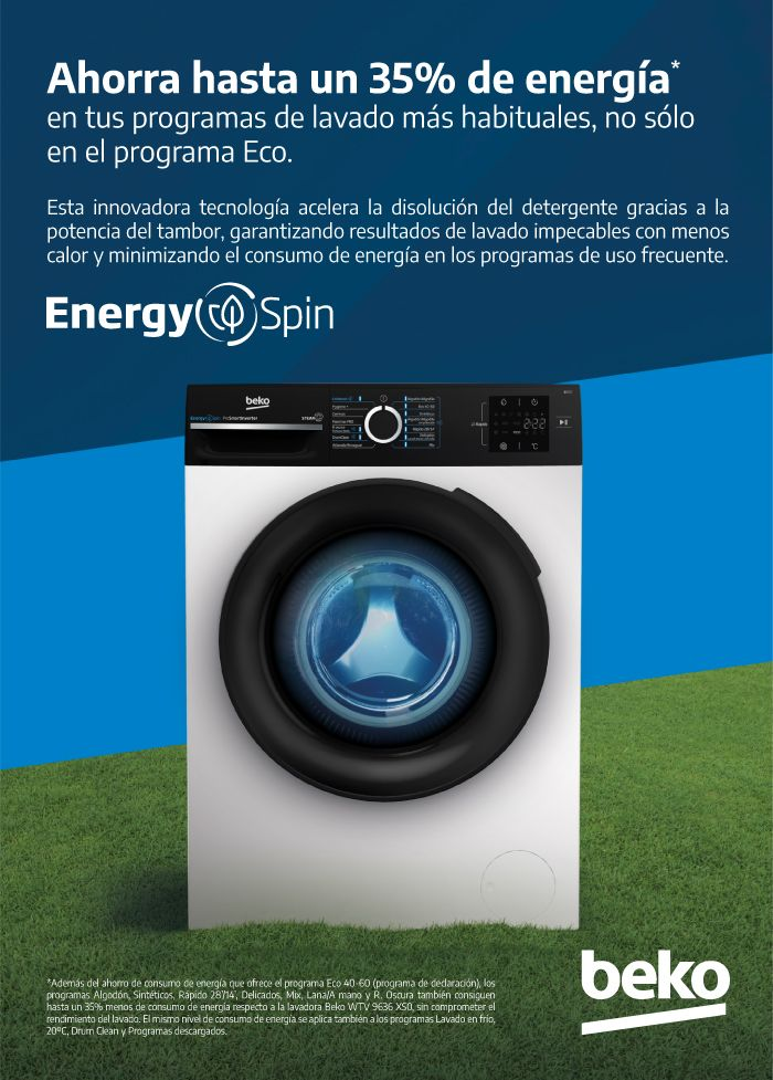 Anuncio de lavadora Beko. Muestra una máquina blanca con un tambor azul y texto.