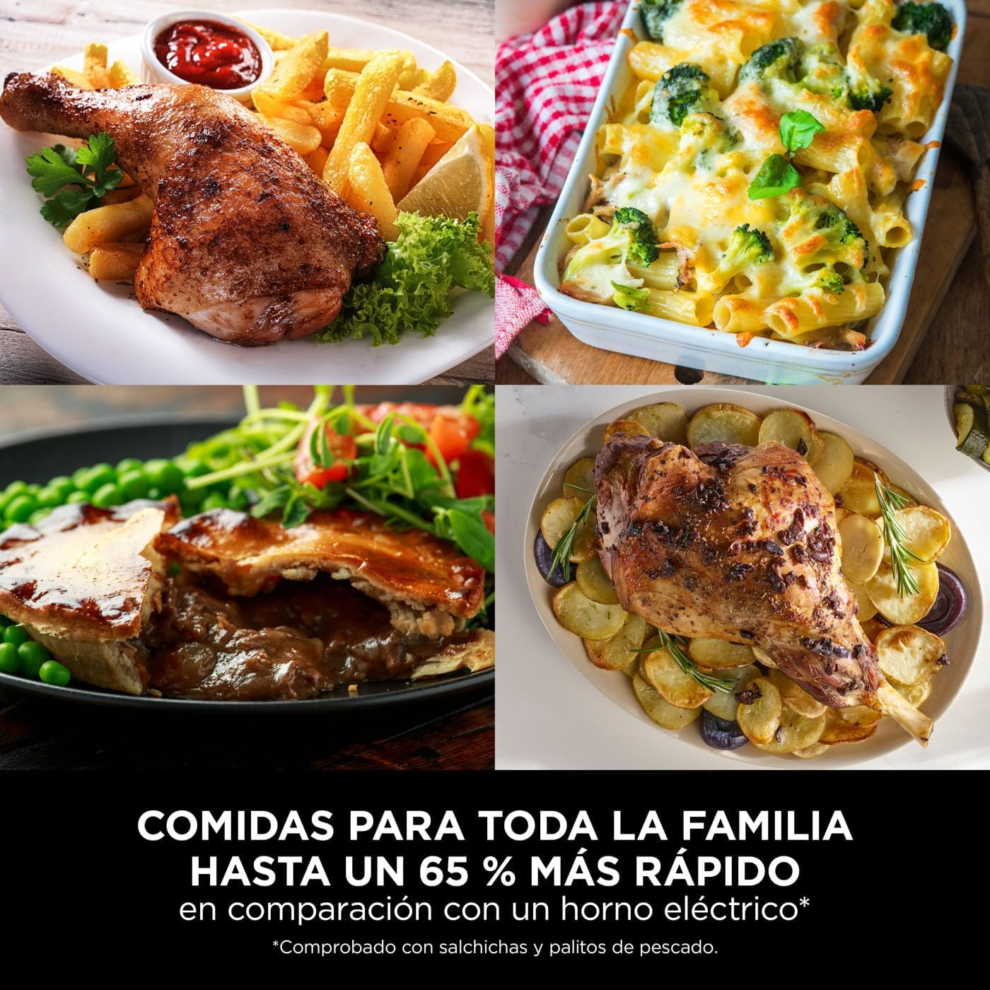 Un collage de cuatro platos: pollo frito, pasta horneada, tarta y carne asada con patatas.
