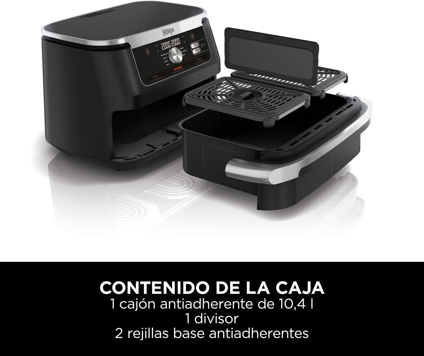 Freidora de aire Ninja negra con bandeja y divisor, con texto mostrando el contenido de la caja.