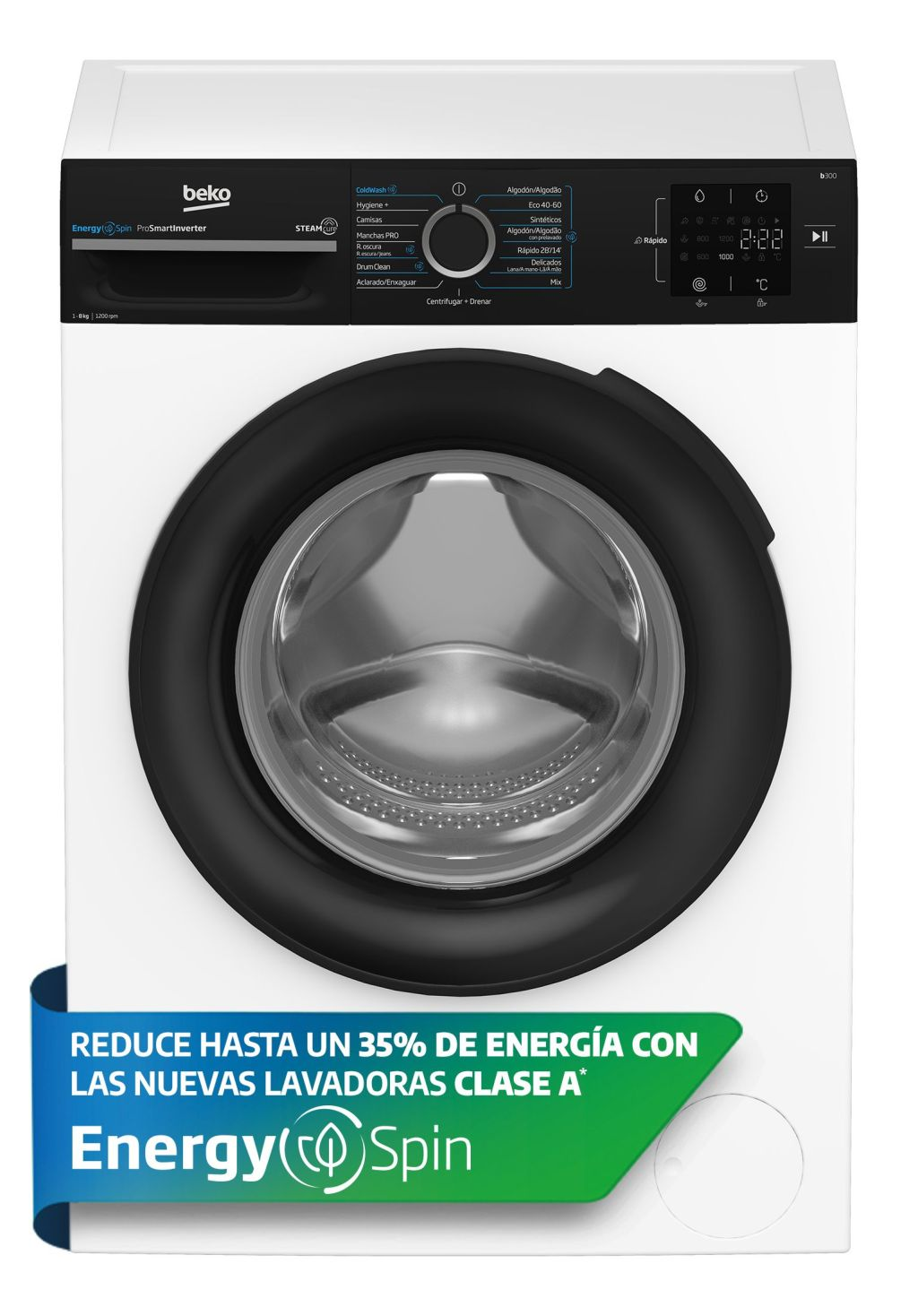 Lavadora blanca con puerta y panel de control negros.