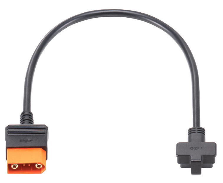 Czarny kabel z pomarańczowymi i czarnymi złączami. Kabel jest zakrzywiony i ma specjalistyczne połączenie.