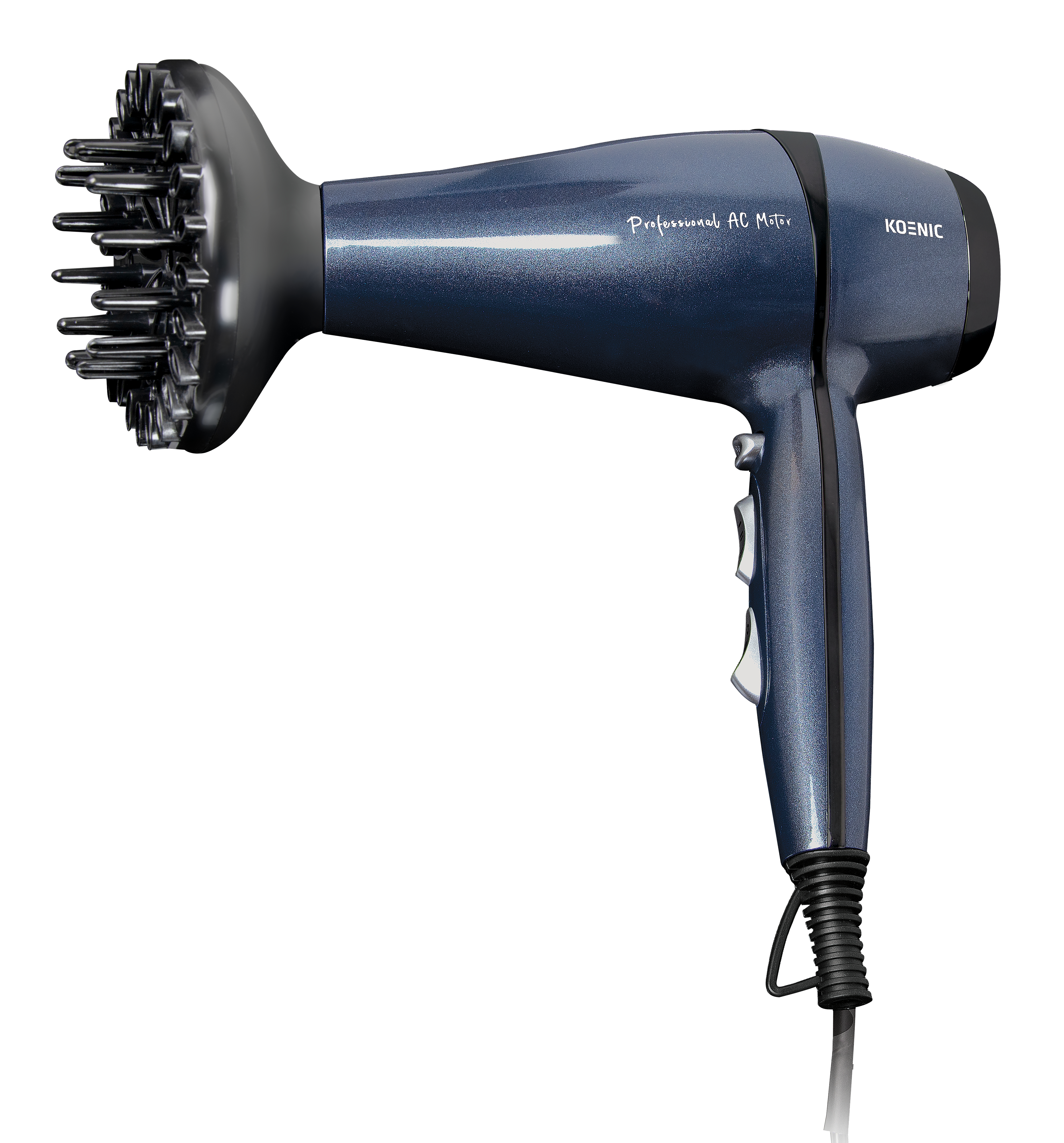 Blauer Haartrockner mit Diffusoraufsatz. Professioneller AC-Motor, Marke KOENIC.