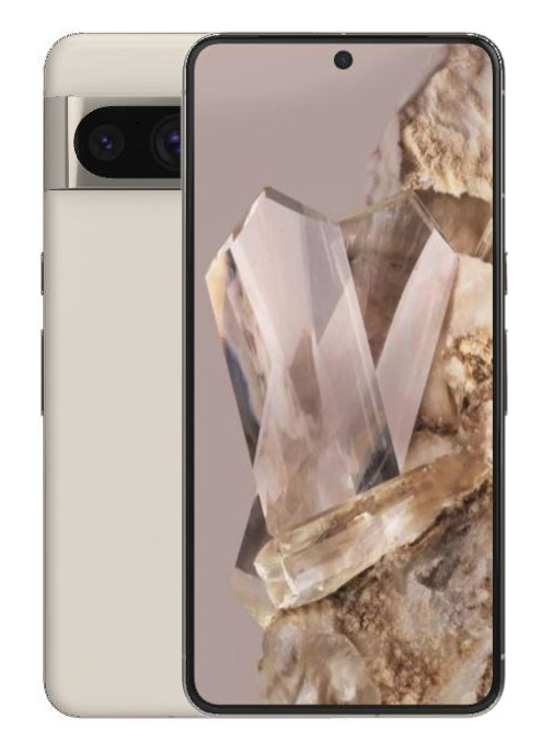 Beżowy telefon Google Pixel 7 Pro z wyświetlaczem przedstawiającym formację skalną.