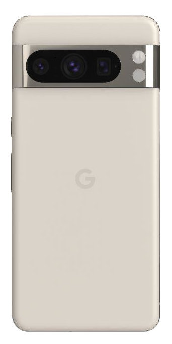 Kremowy telefon z paskiem aparatu u góry. Logo Google jest wyśrodkowane z tyłu.