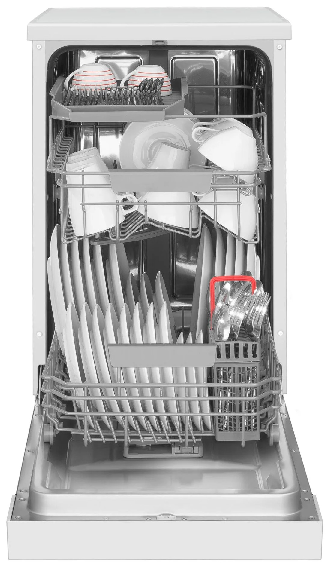 Zmywarka z otwartymi drzwiami, ujawniająca naczynia, kubki i sztućce w środku.