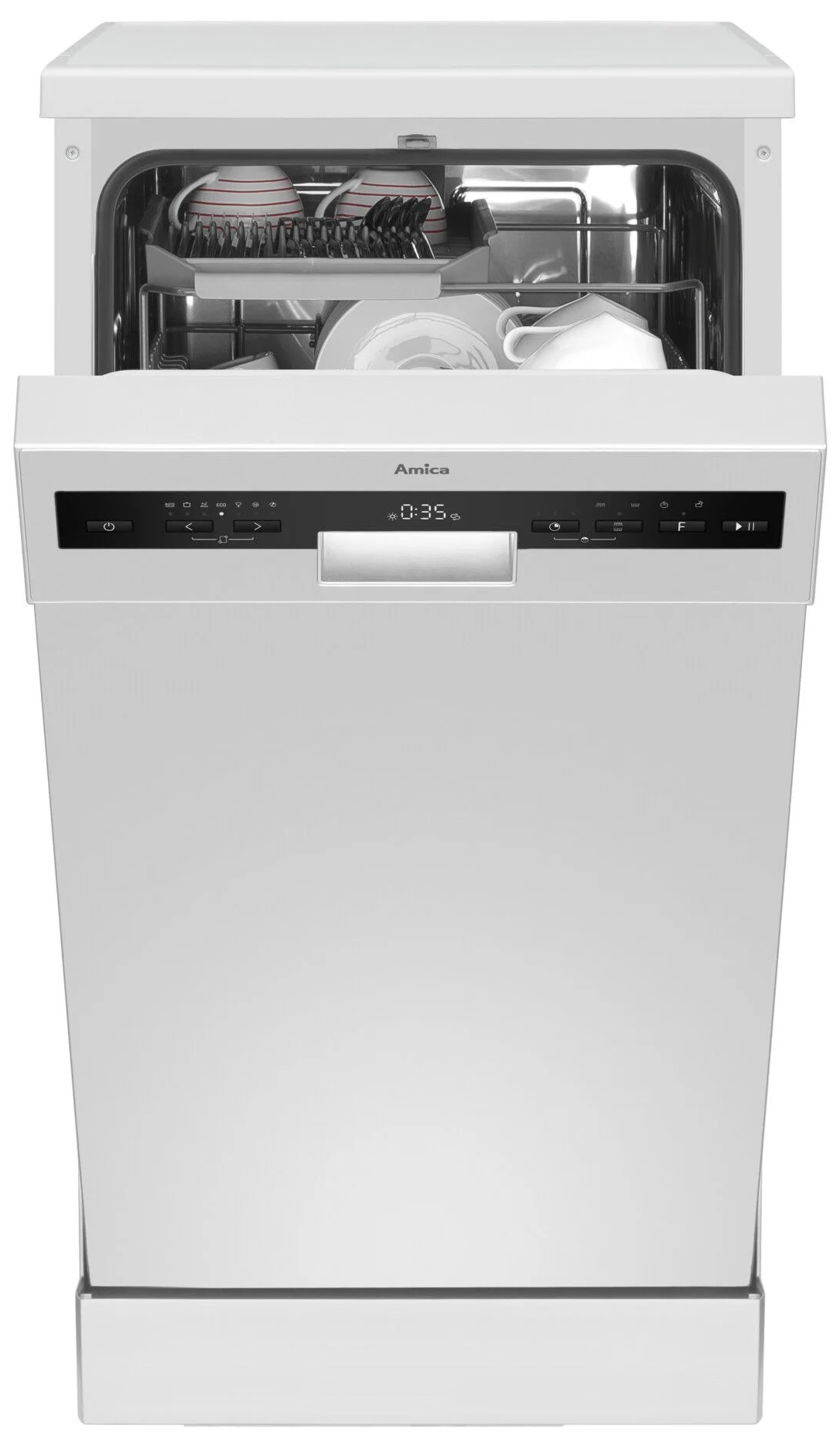 Biała zmywarka z otwartymi drzwiami, wypełniona naczyniami. Marka Amica.