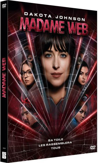 DVD-hoes van 'Madame Web'. Toont een vrouw met een rood spinnenwebontwerp en andere mensen.