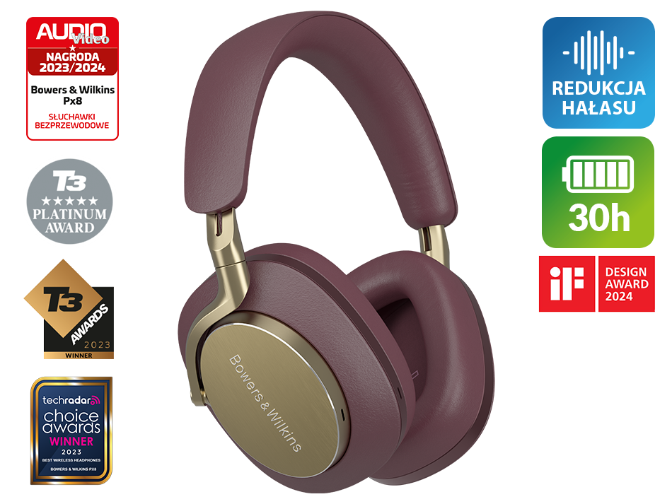 Bordowe słuchawki Bowers & Wilkins Px8 z nagrodami, wskaźnikiem naładowania baterii i redukcją szumów.