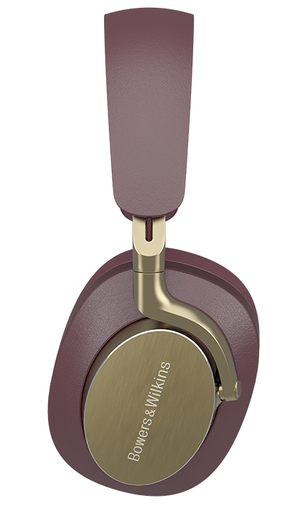 Bordowe i złote słuchawki na czarnym tle, z logo Bowers & Wilkins.