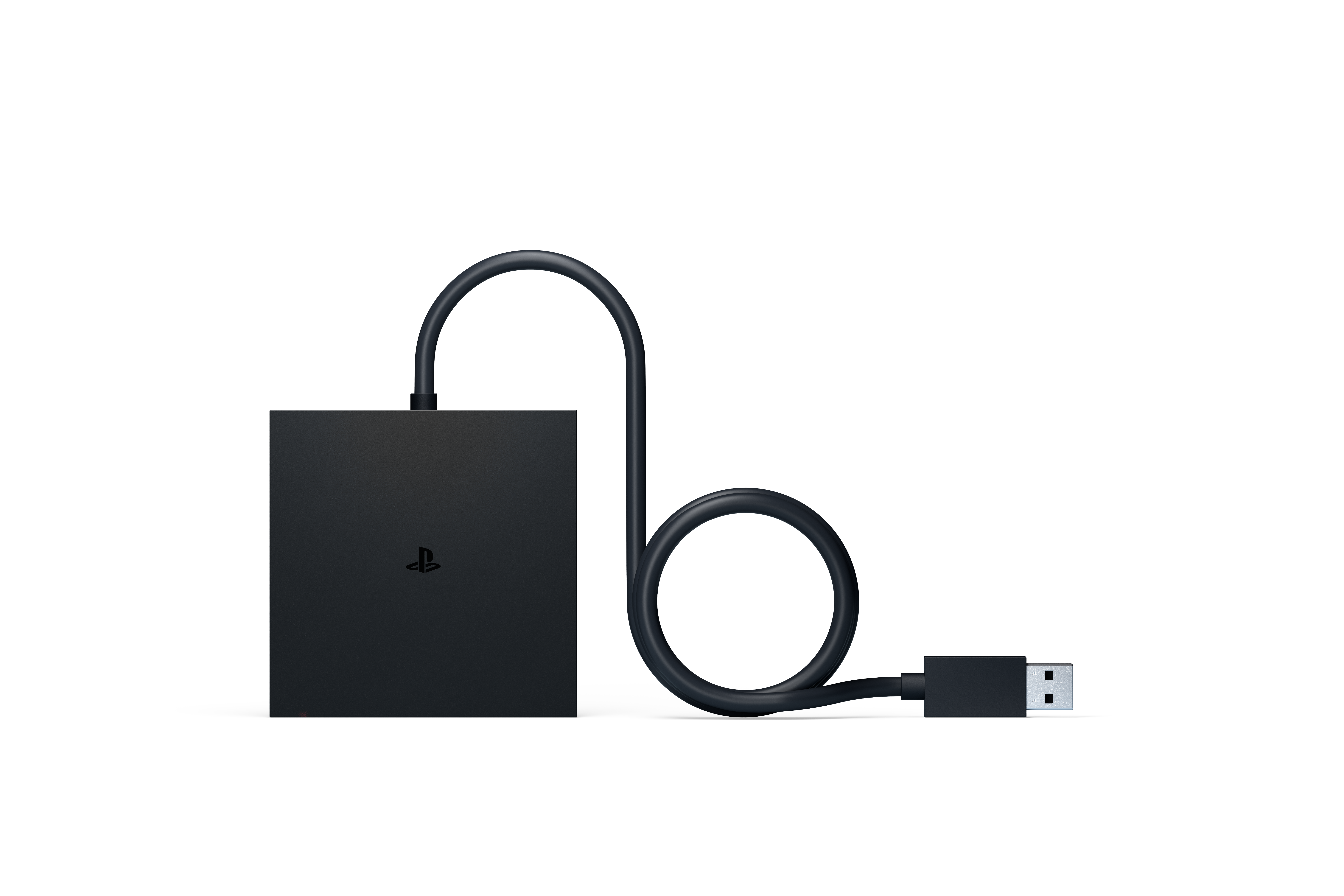 Black PlayStation accessory box with a connected black cable and USB connector.